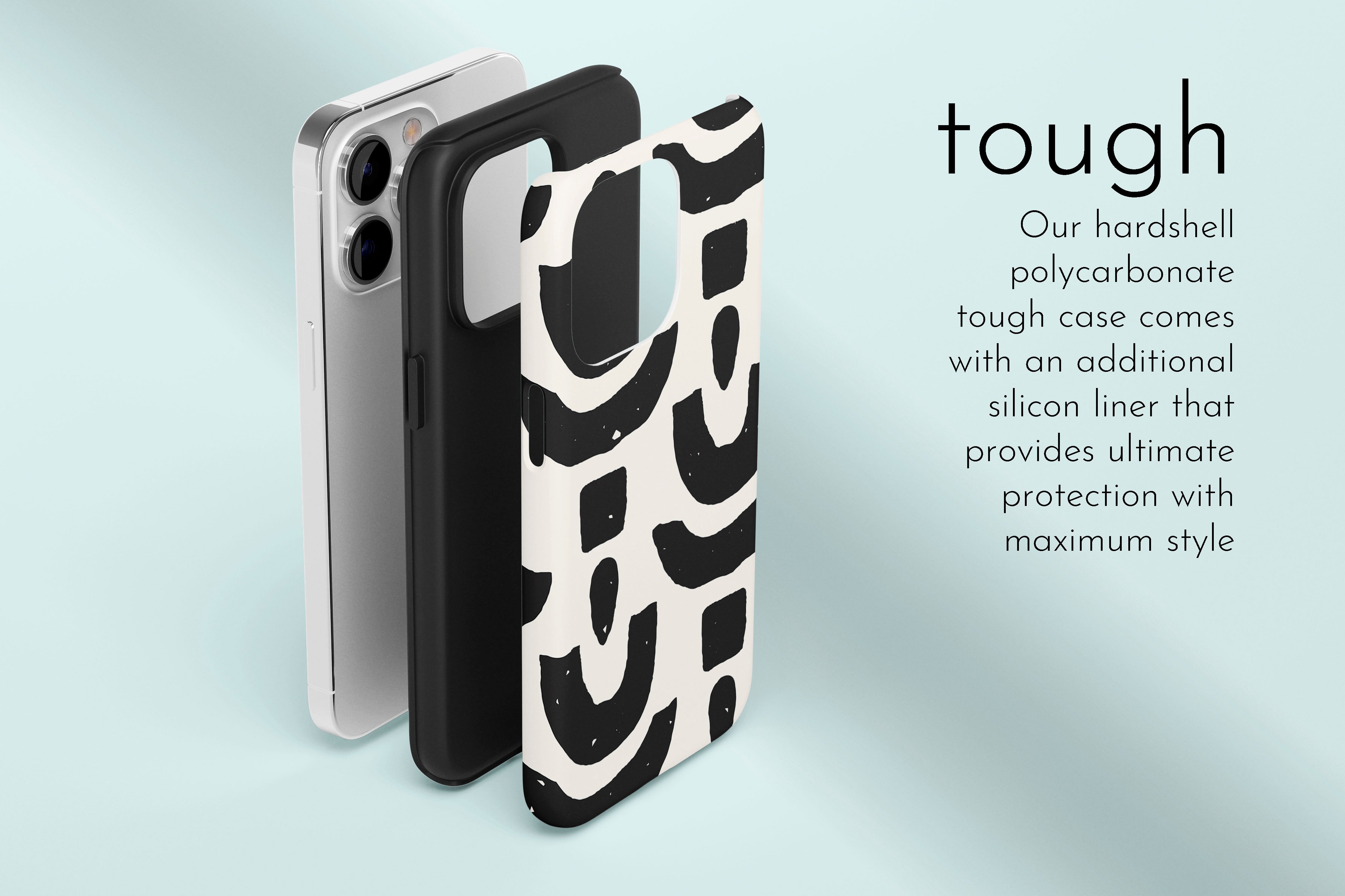 A graphic illustration of our Abstract Shapes design describing the main features of our tough type phone case