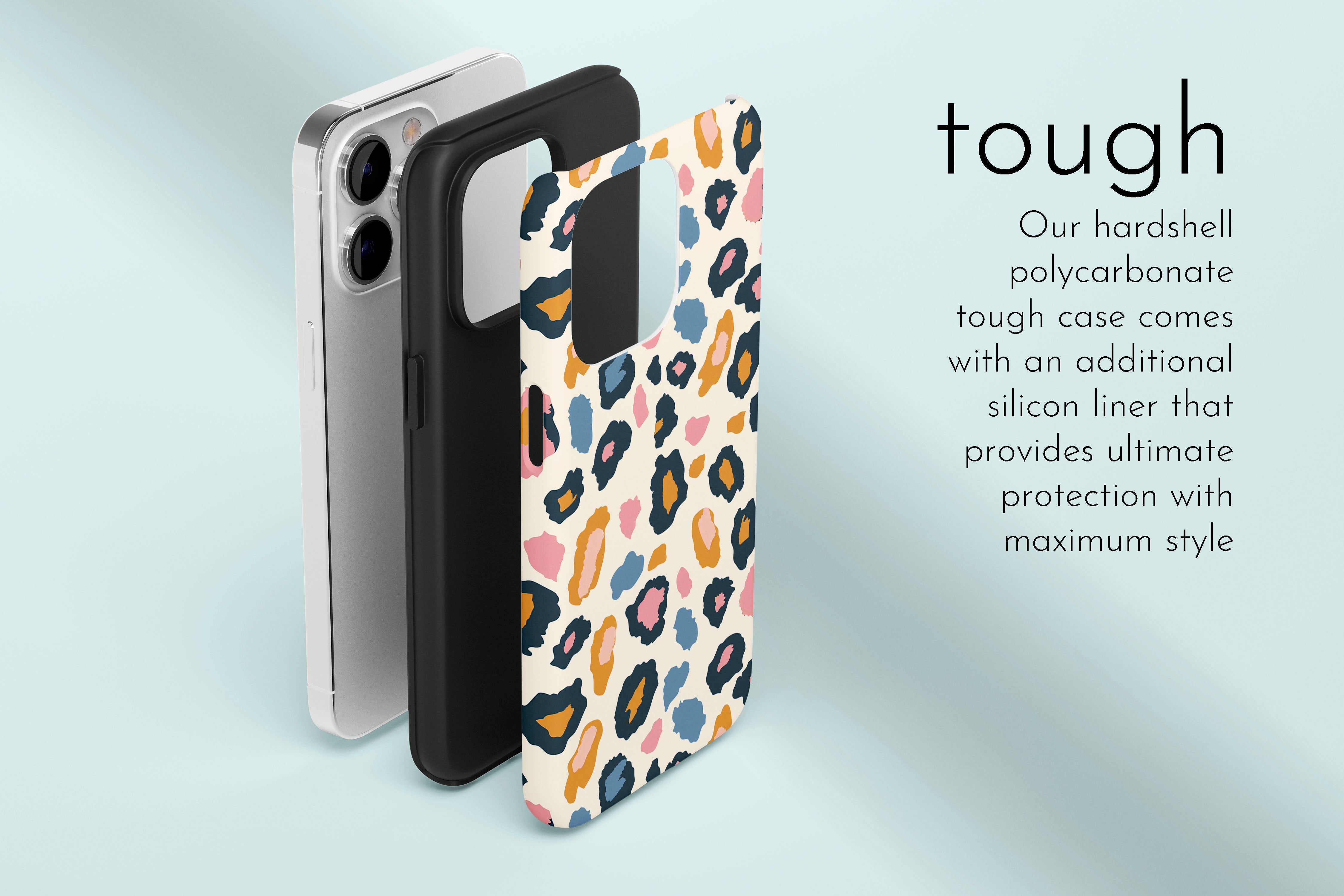 A graphic illustration of our Animal Control design describing the main features of our tough type phone case