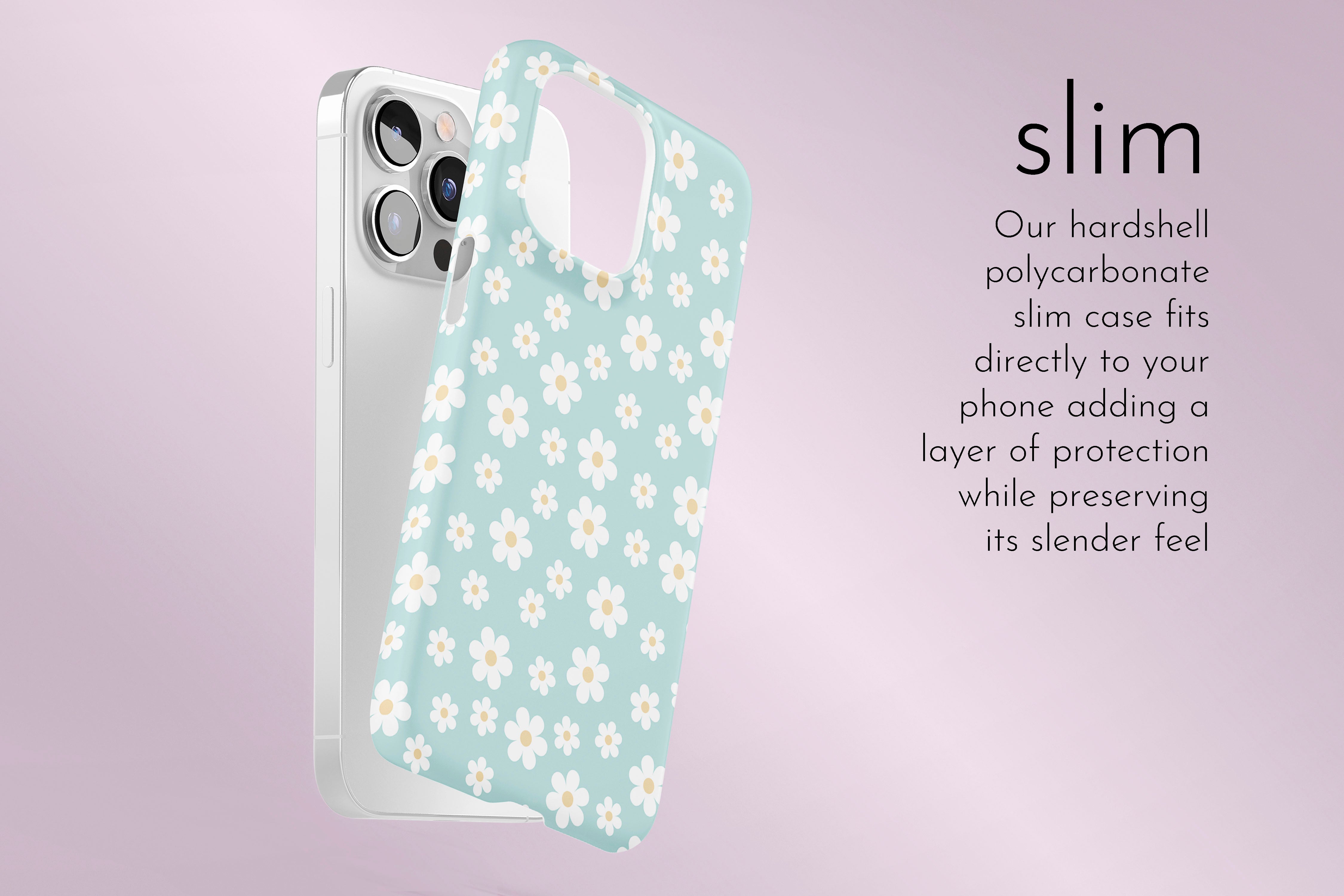 A graphic illustration of our Aqua Daisy design describing the main features of our slim type phone case