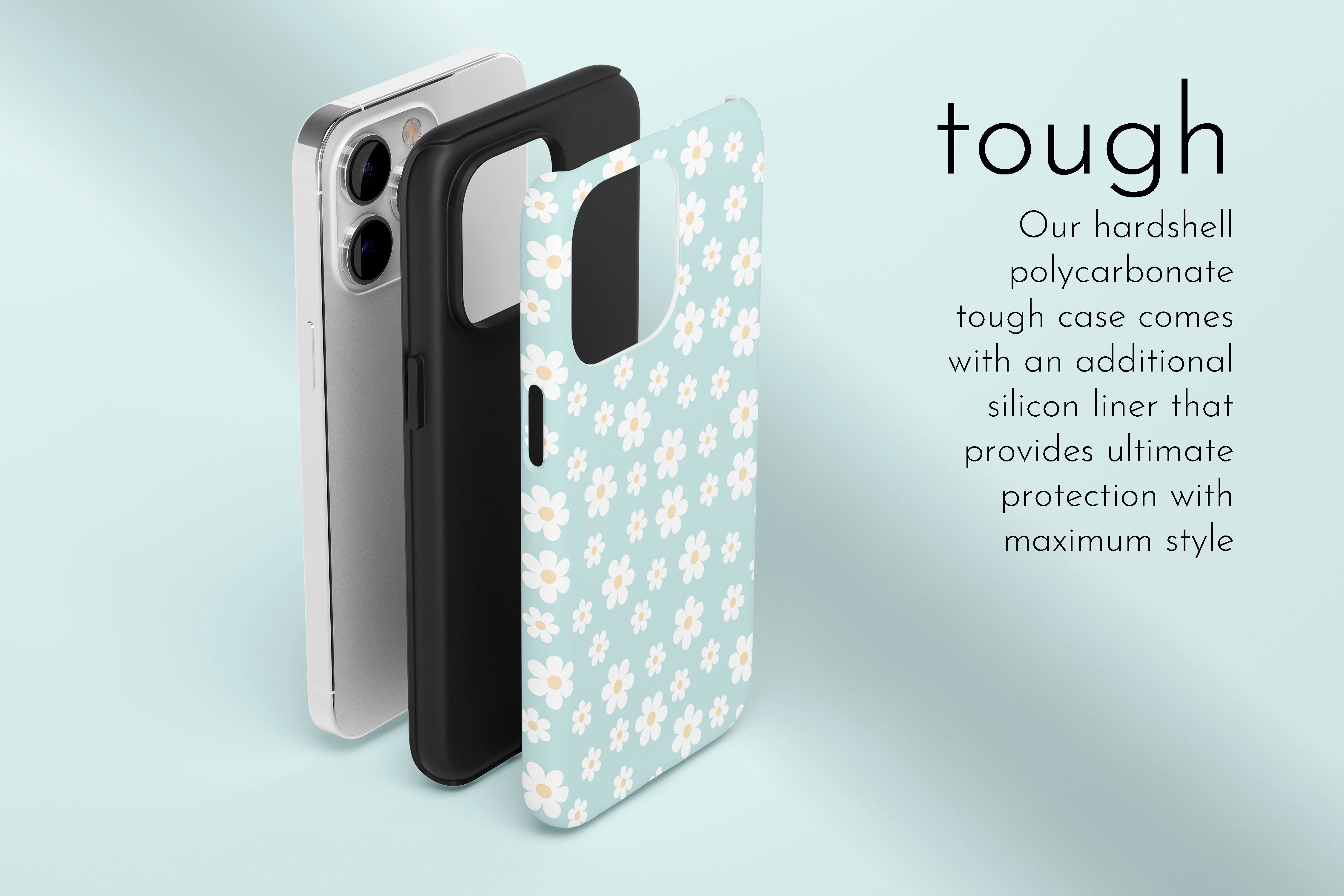 A graphic illustration of our Aqua Daisy design describing the main features of our tough type phone case