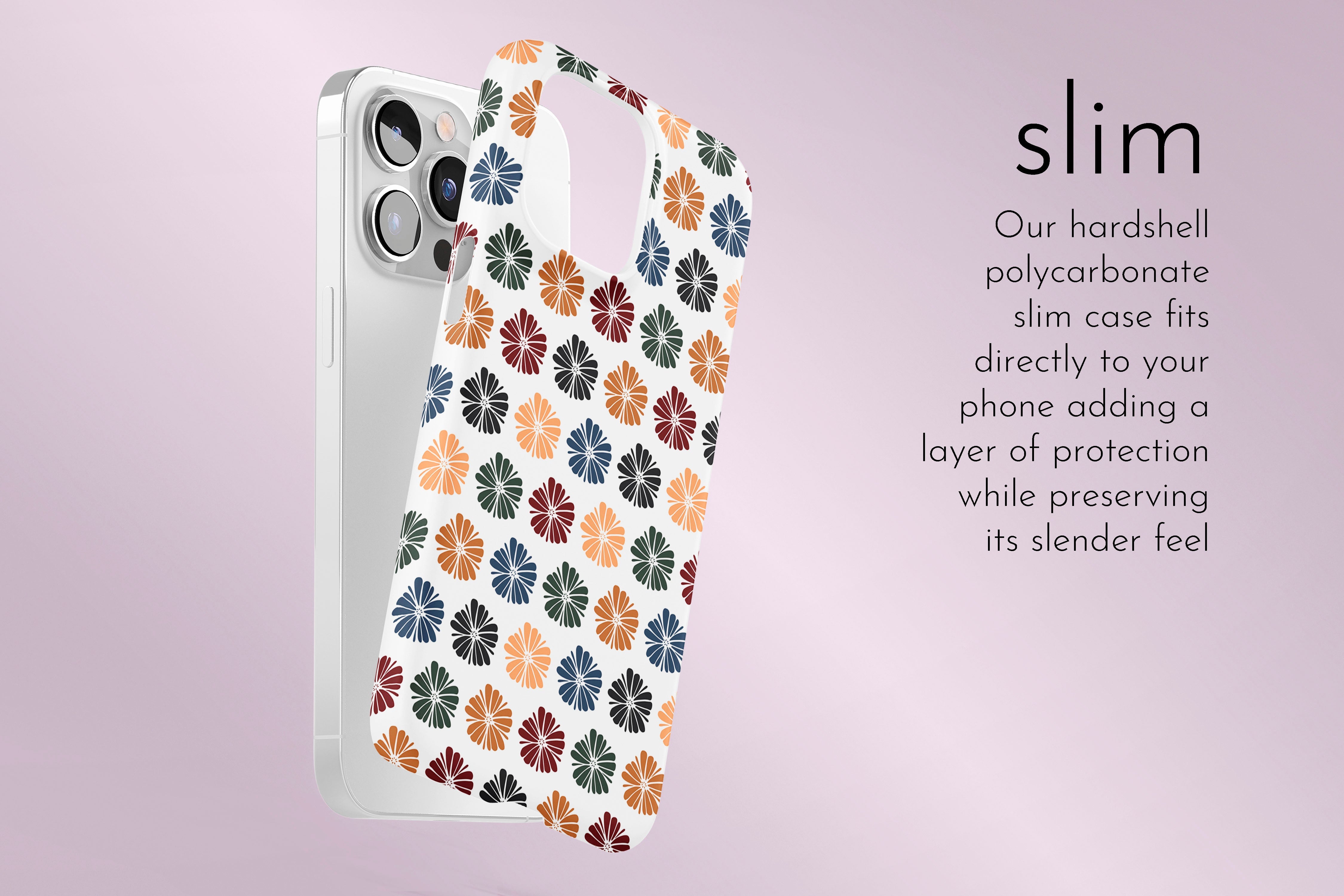 A graphic illustration of our Autumn Floral design describing the main features of our slim type phone case