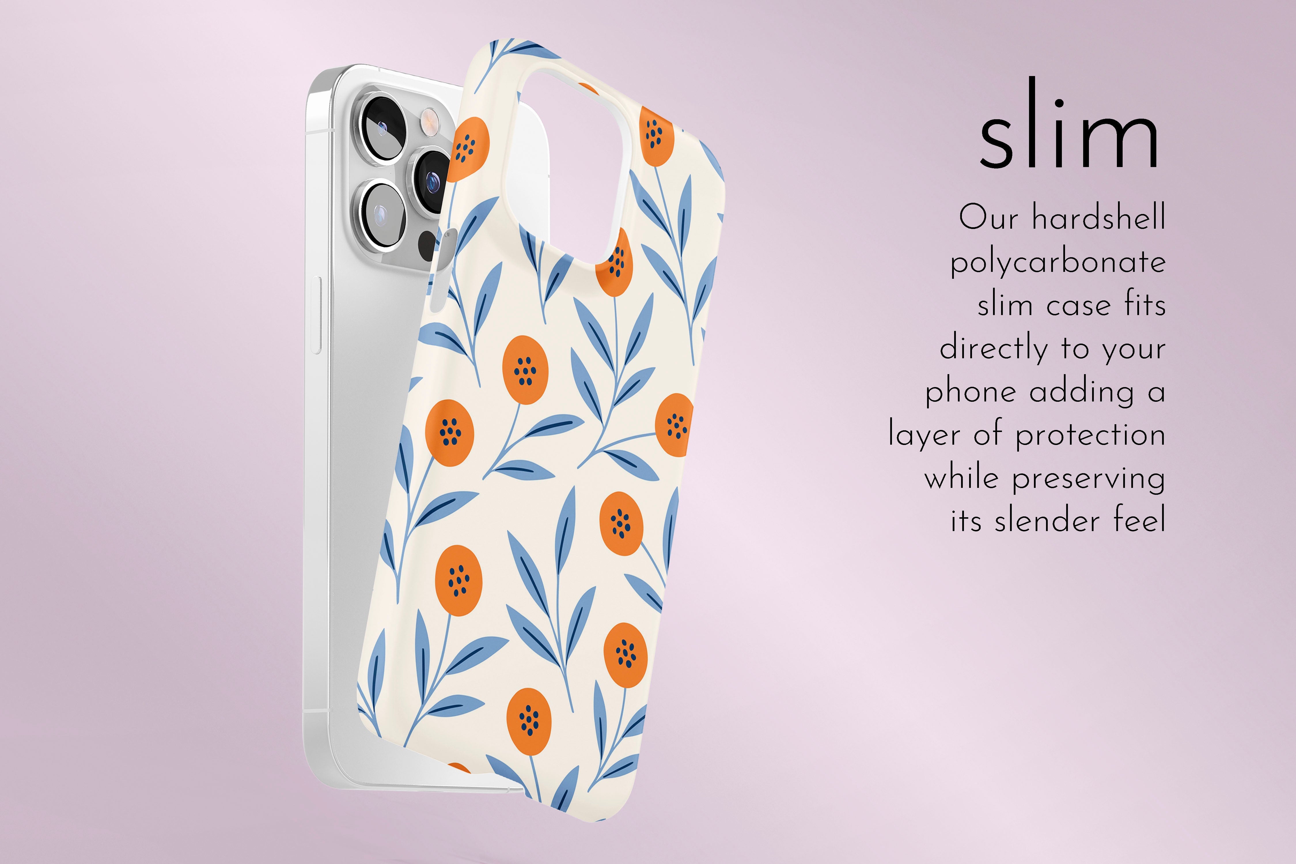 A graphic illustration of our Berry Nice design describing the main features of our slim type phone case