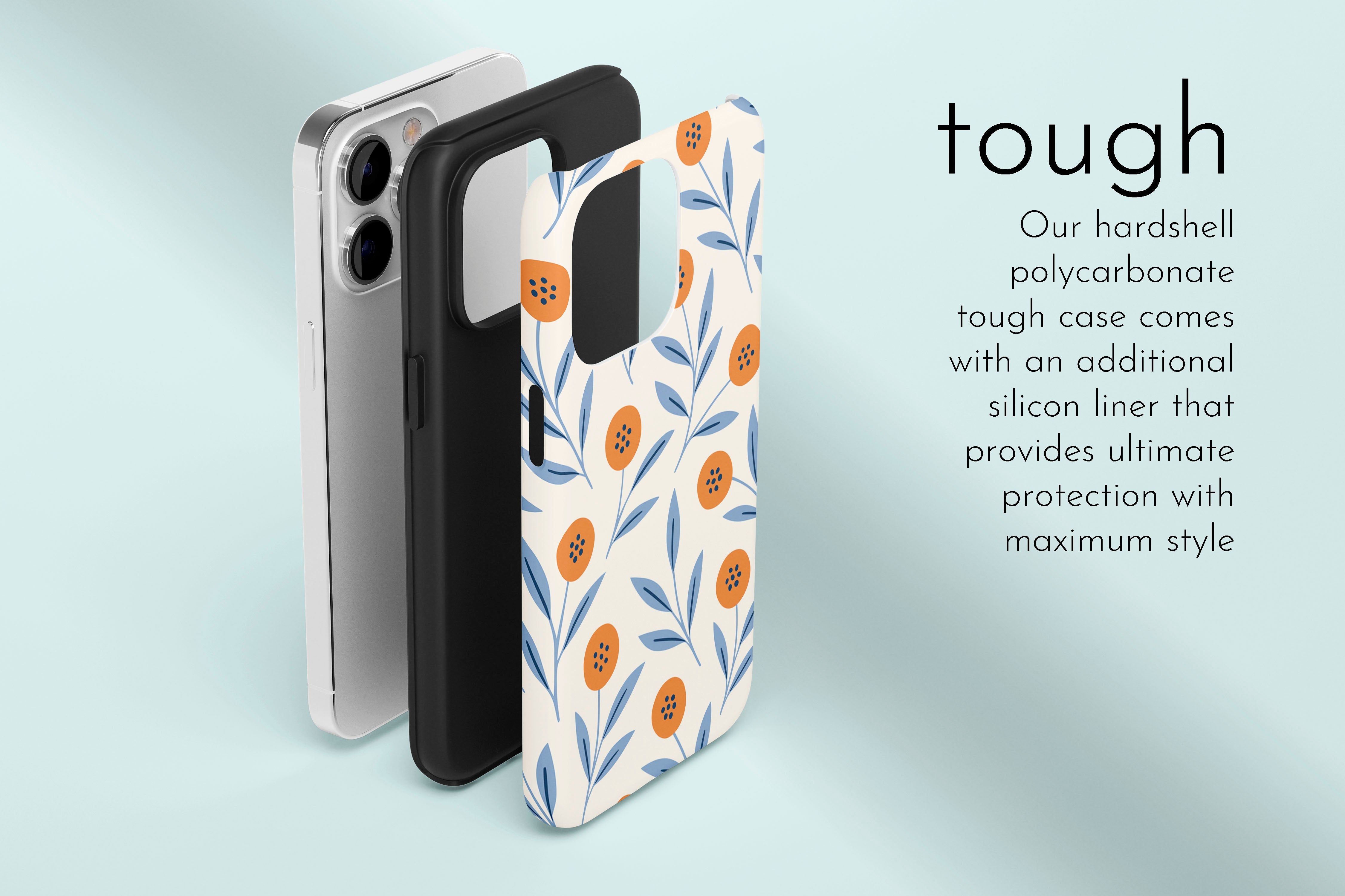A graphic illustration of our Berry Nice design describing the main features of our tough type phone case
