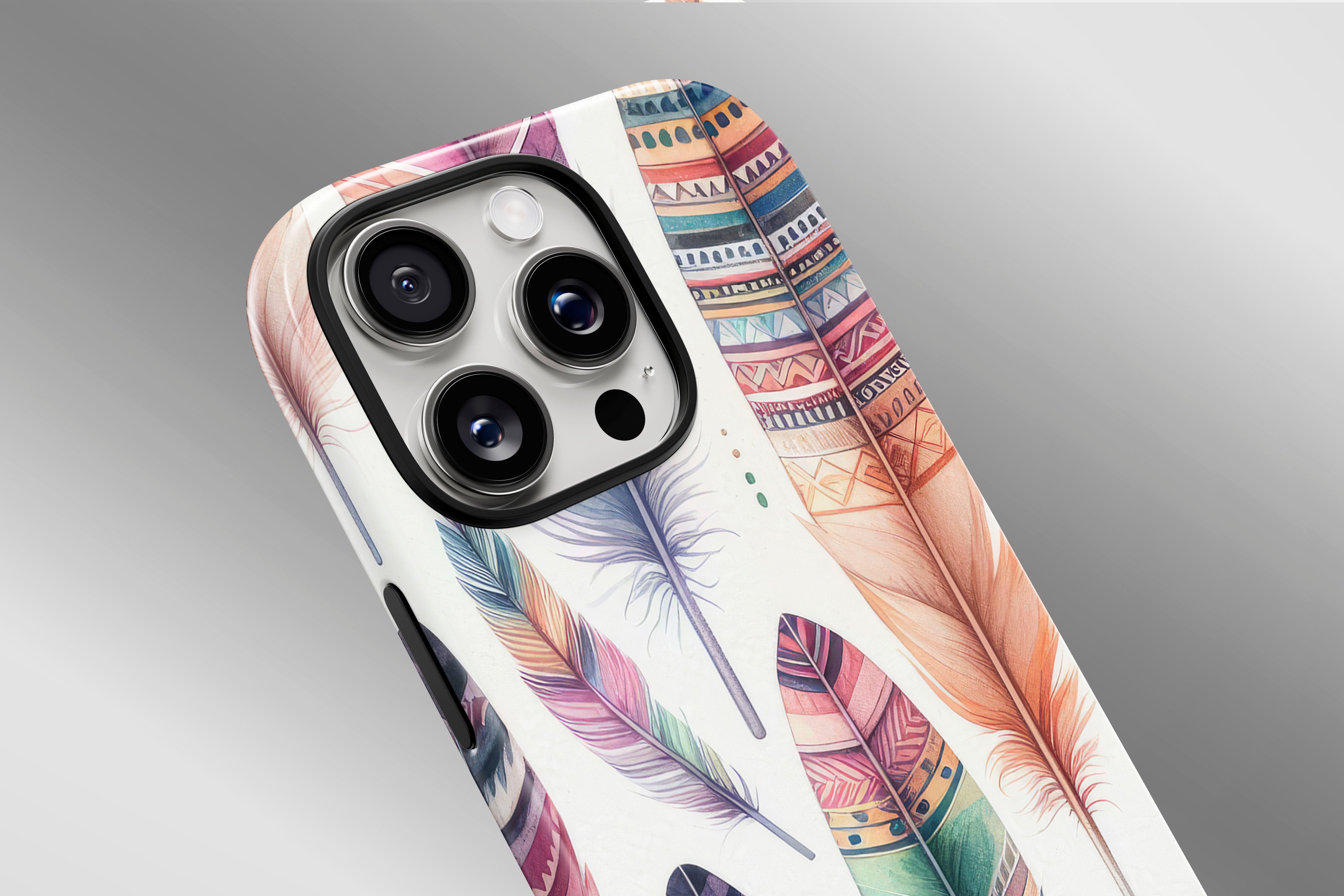 A close up image of a phone case featuring our Big Feather design
