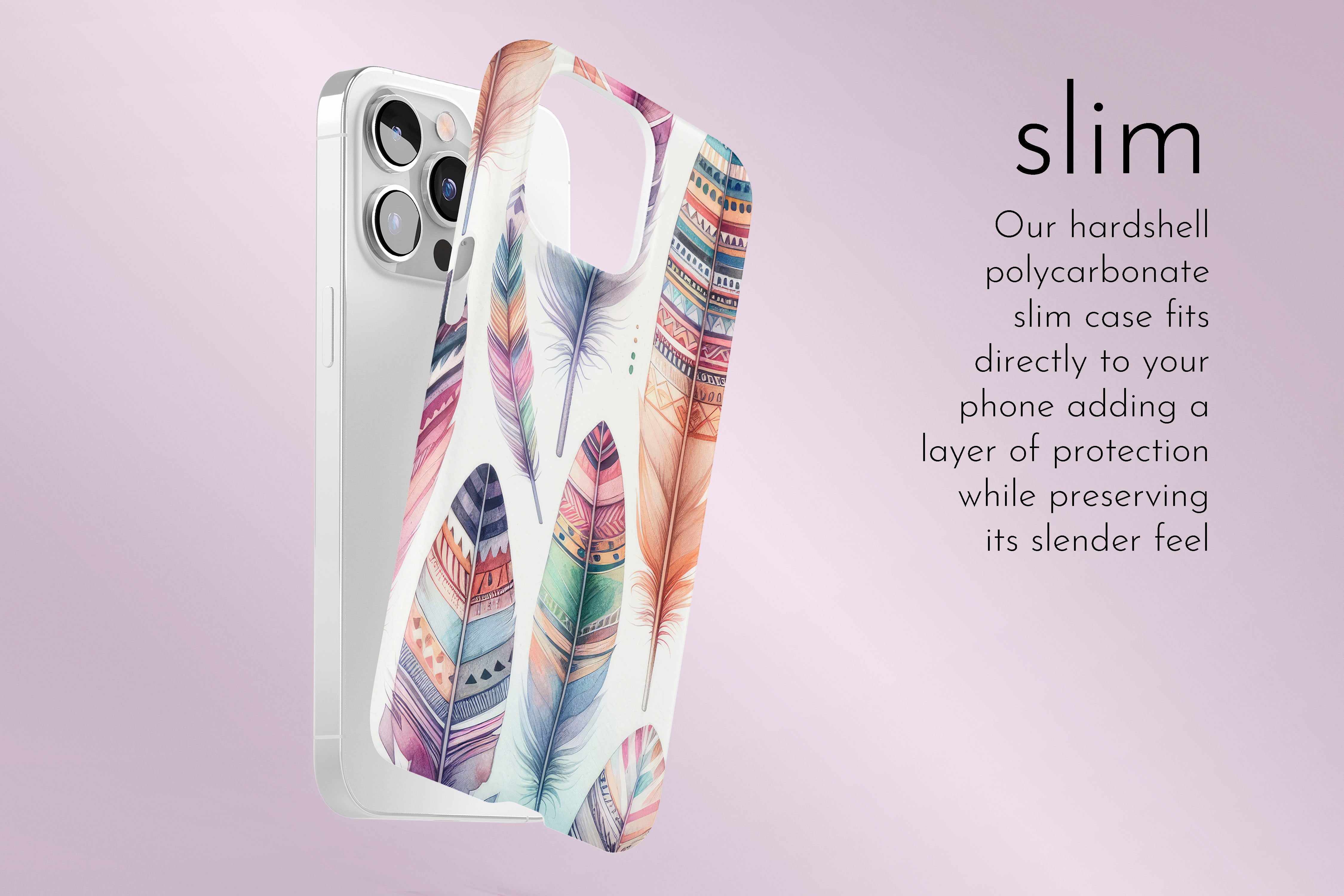 A graphic illustration of our Big Feather design describing the main features of our slim type phone case