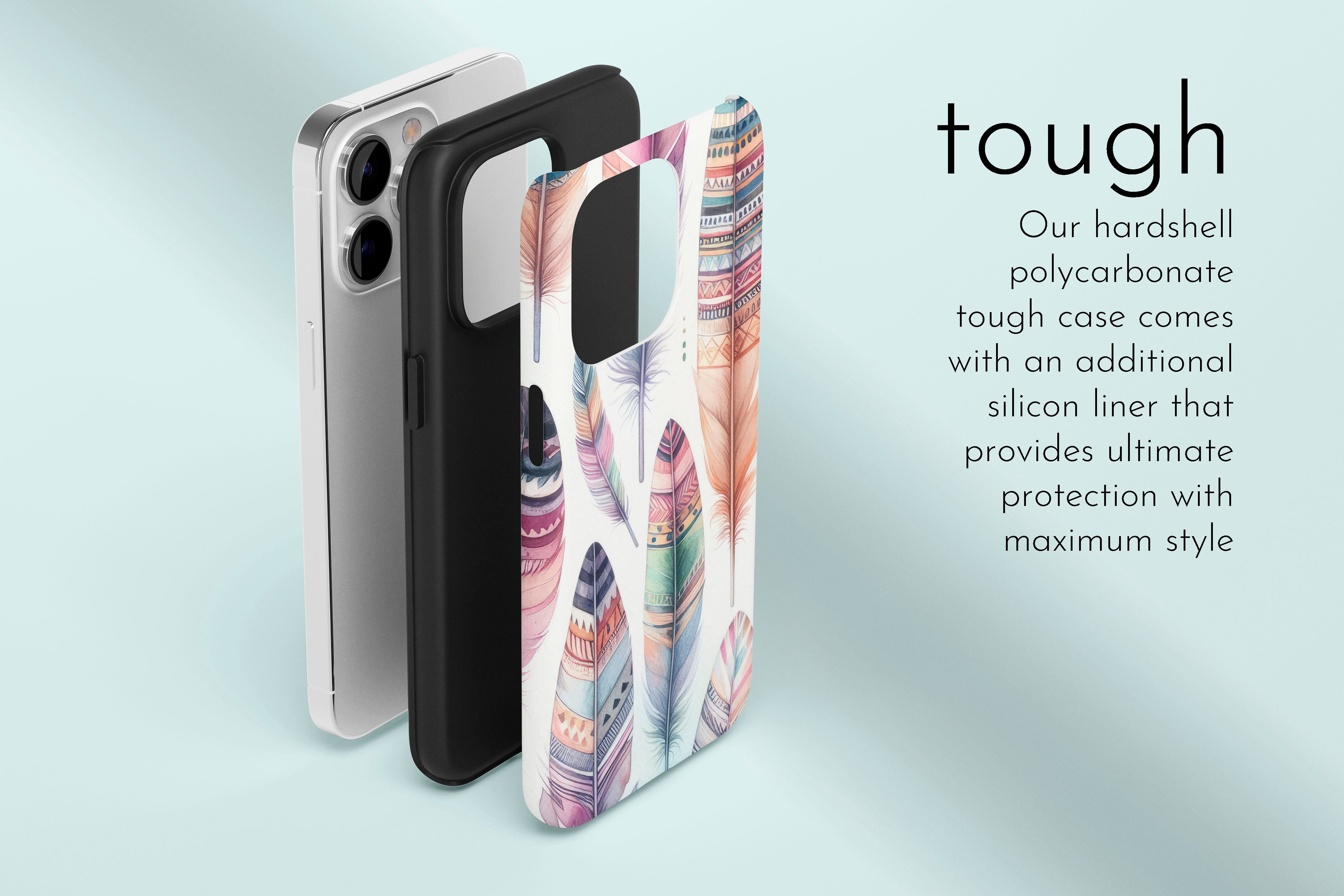A graphic illustration of our Big Feather design describing the main features of our tough type phone case