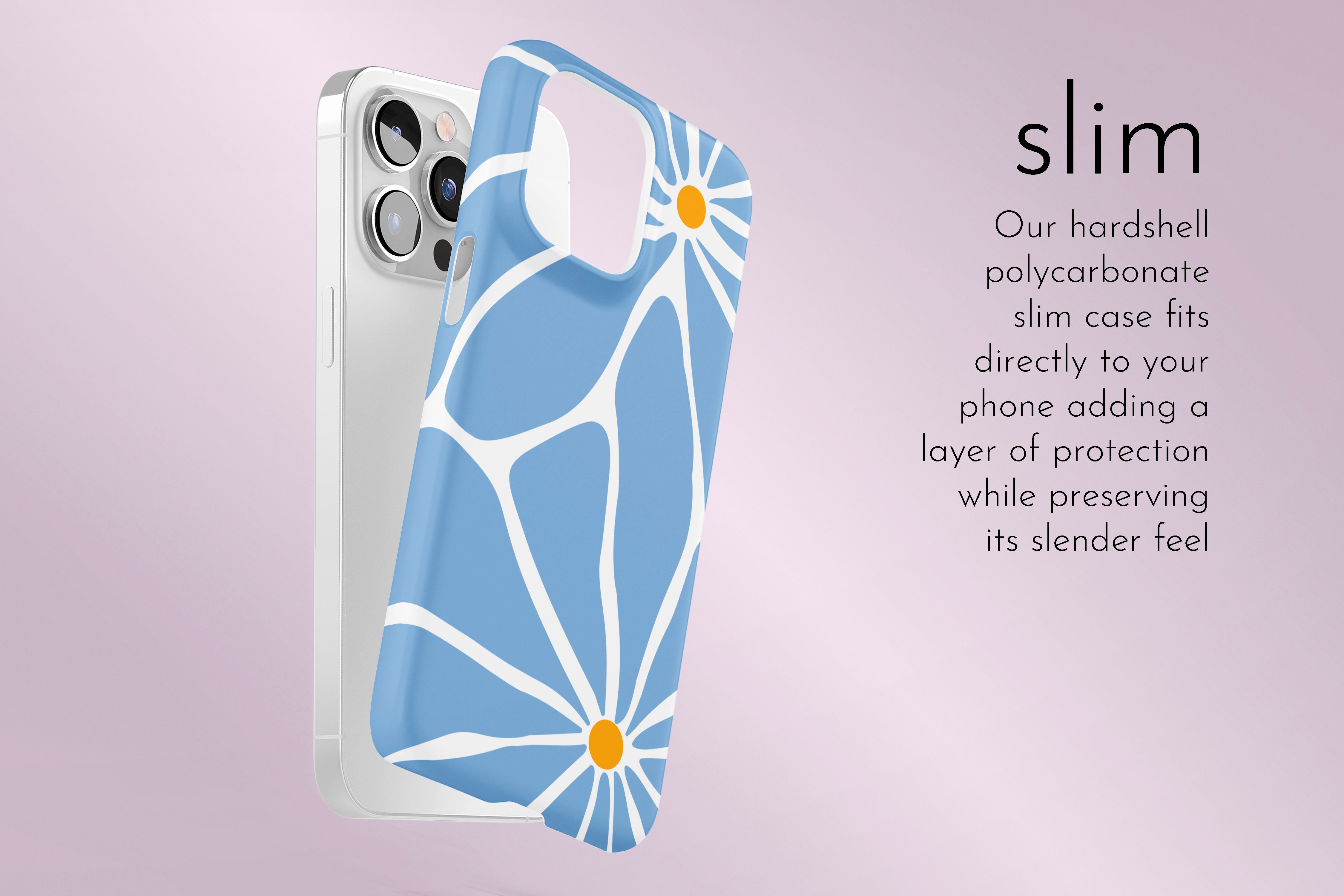 A graphic illustration of our Big Flower design describing the main features of our slim type phone case