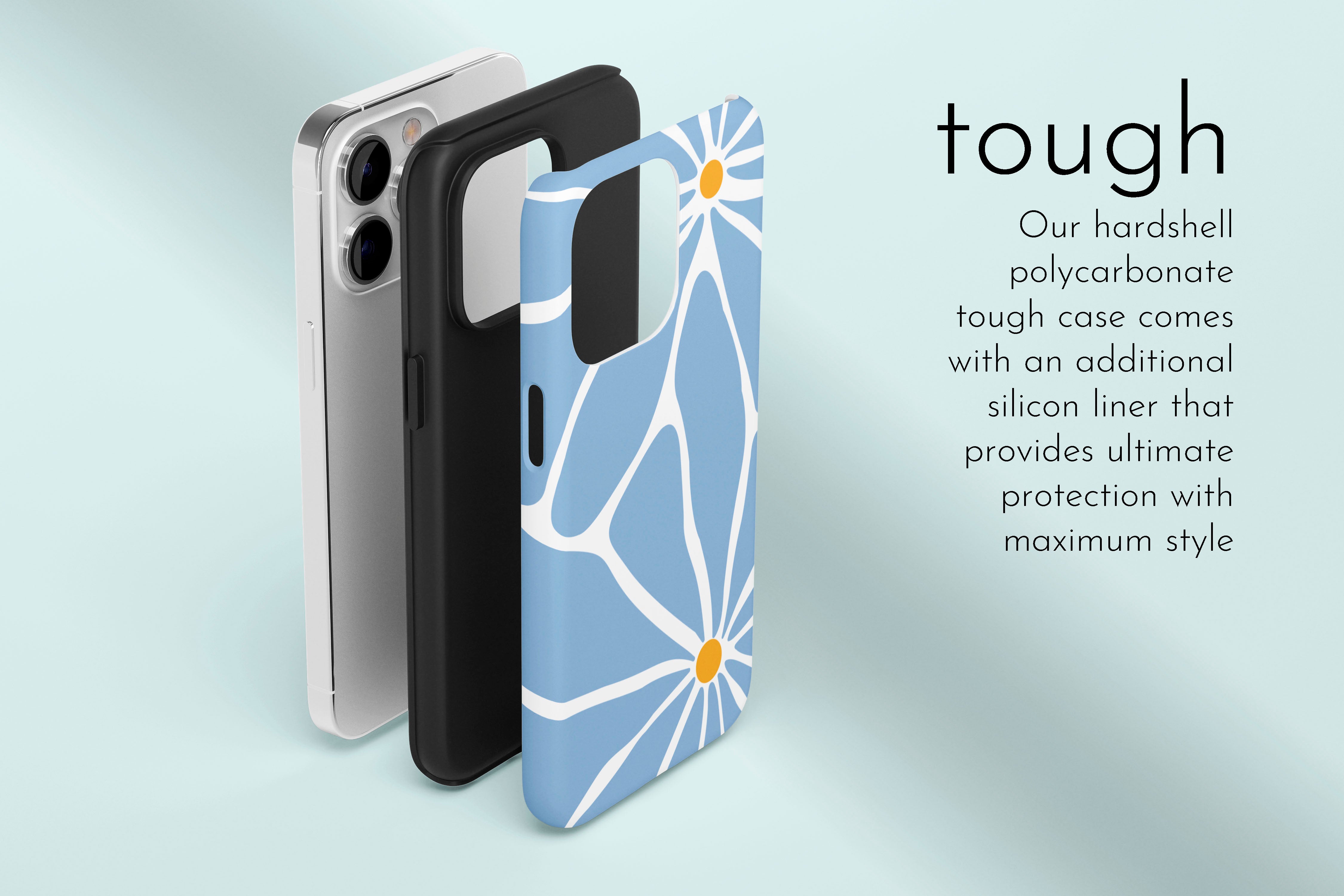 A graphic illustration of our Big Flower design describing the main features of our tough type phone case