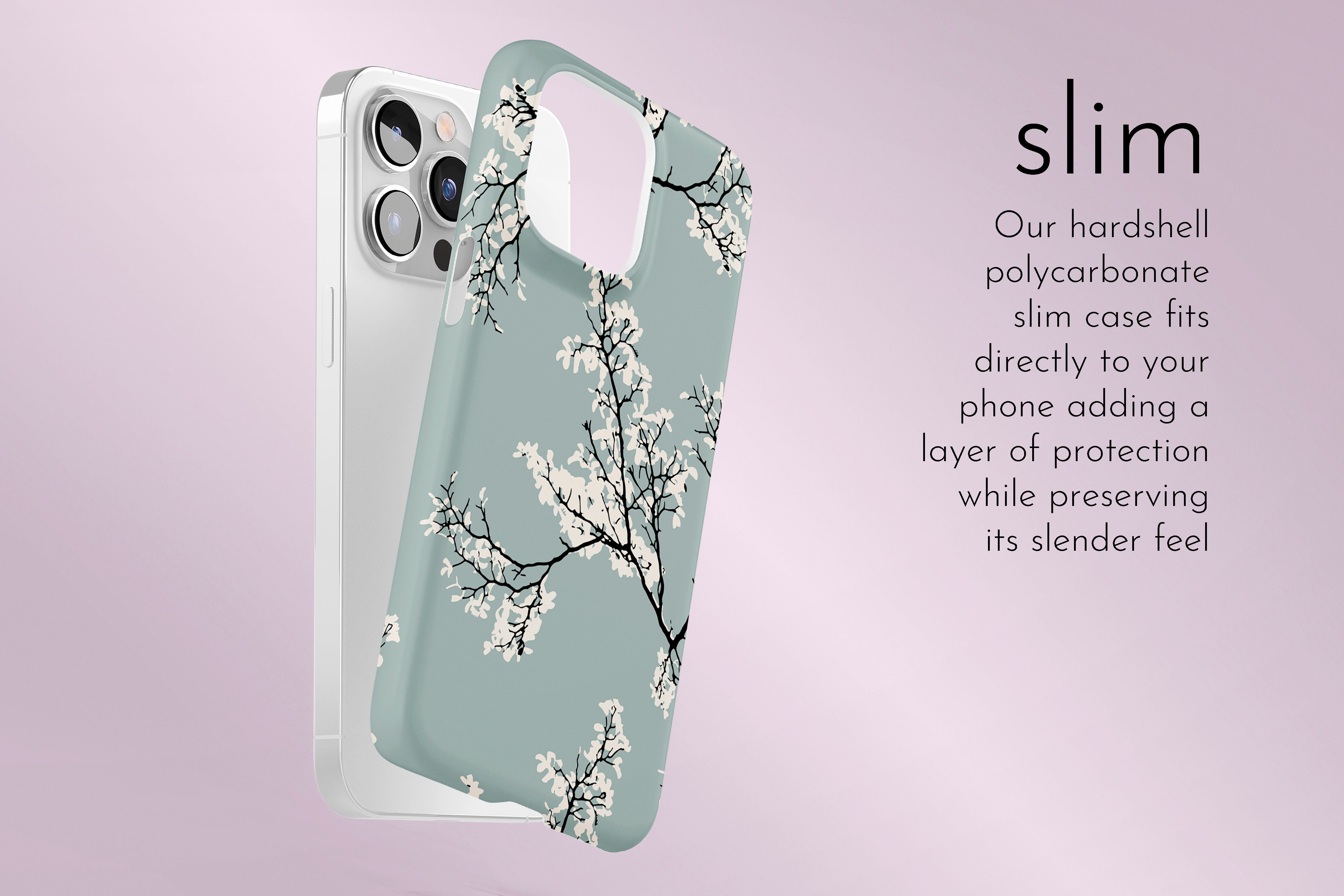 A graphic illustration of our Blossom design describing the main features of our slim type phone case