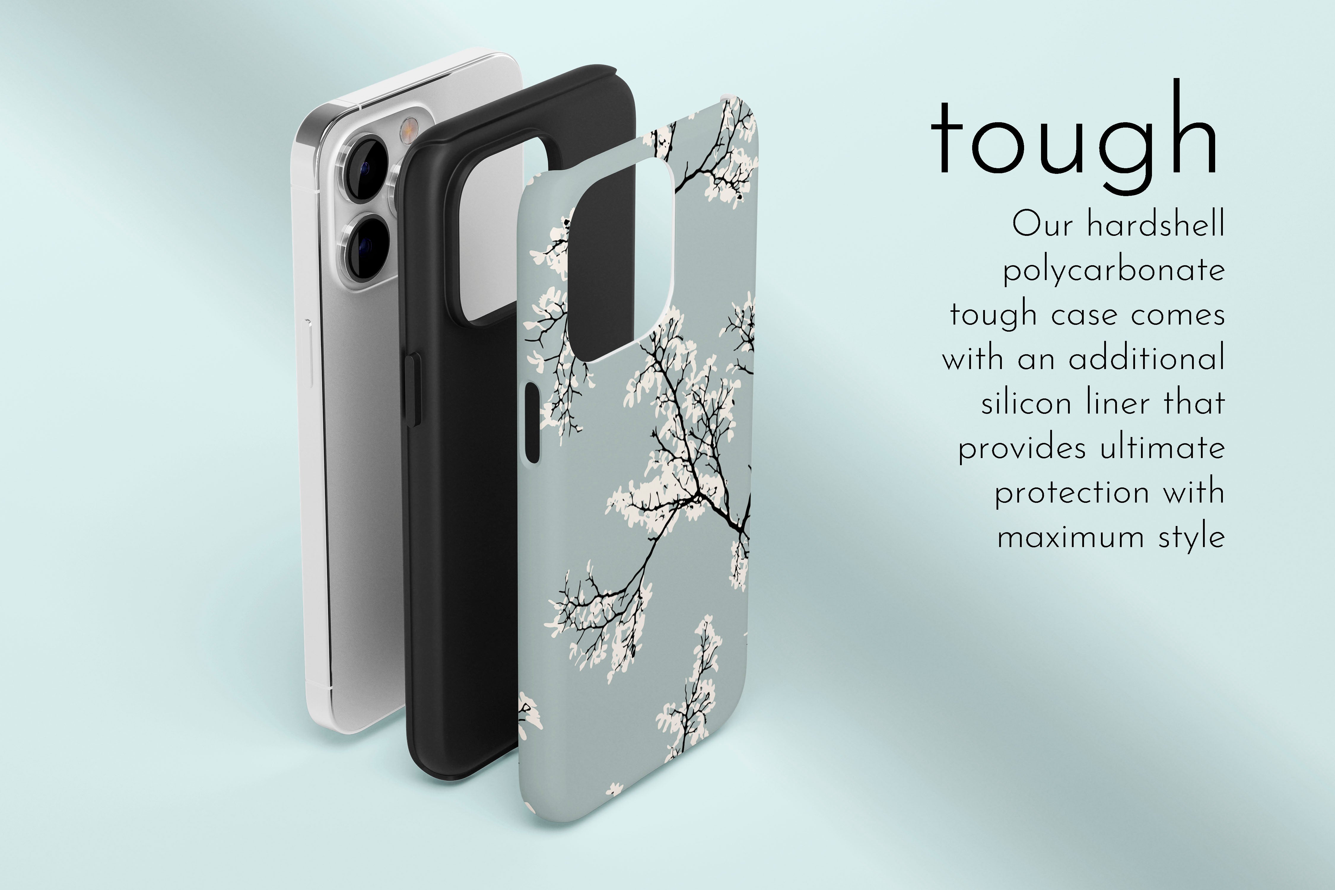 A graphic illustration of our Blossom design describing the main features of our tough type phone case