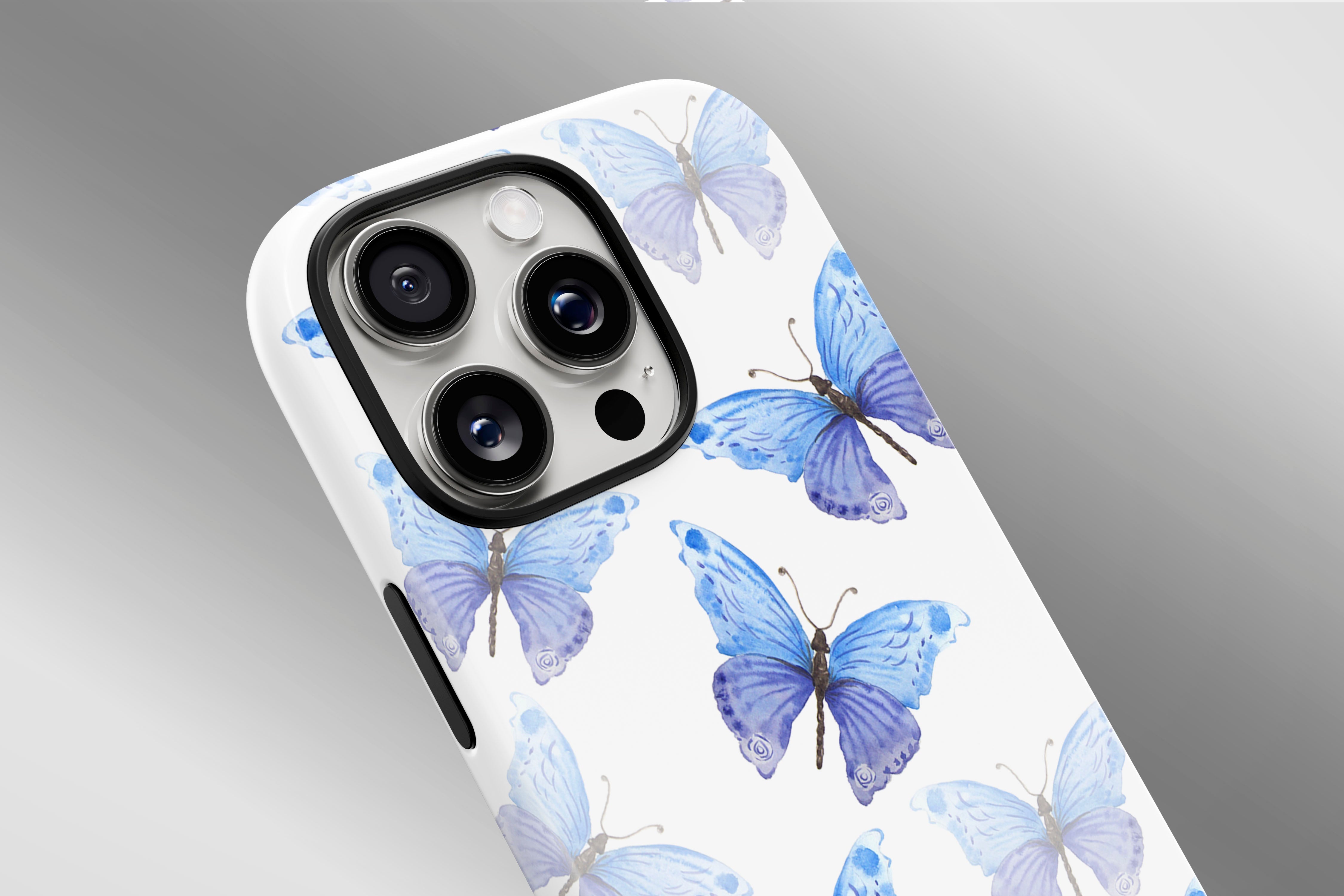A close up image of a phone case featuring our Blue Butterfly design