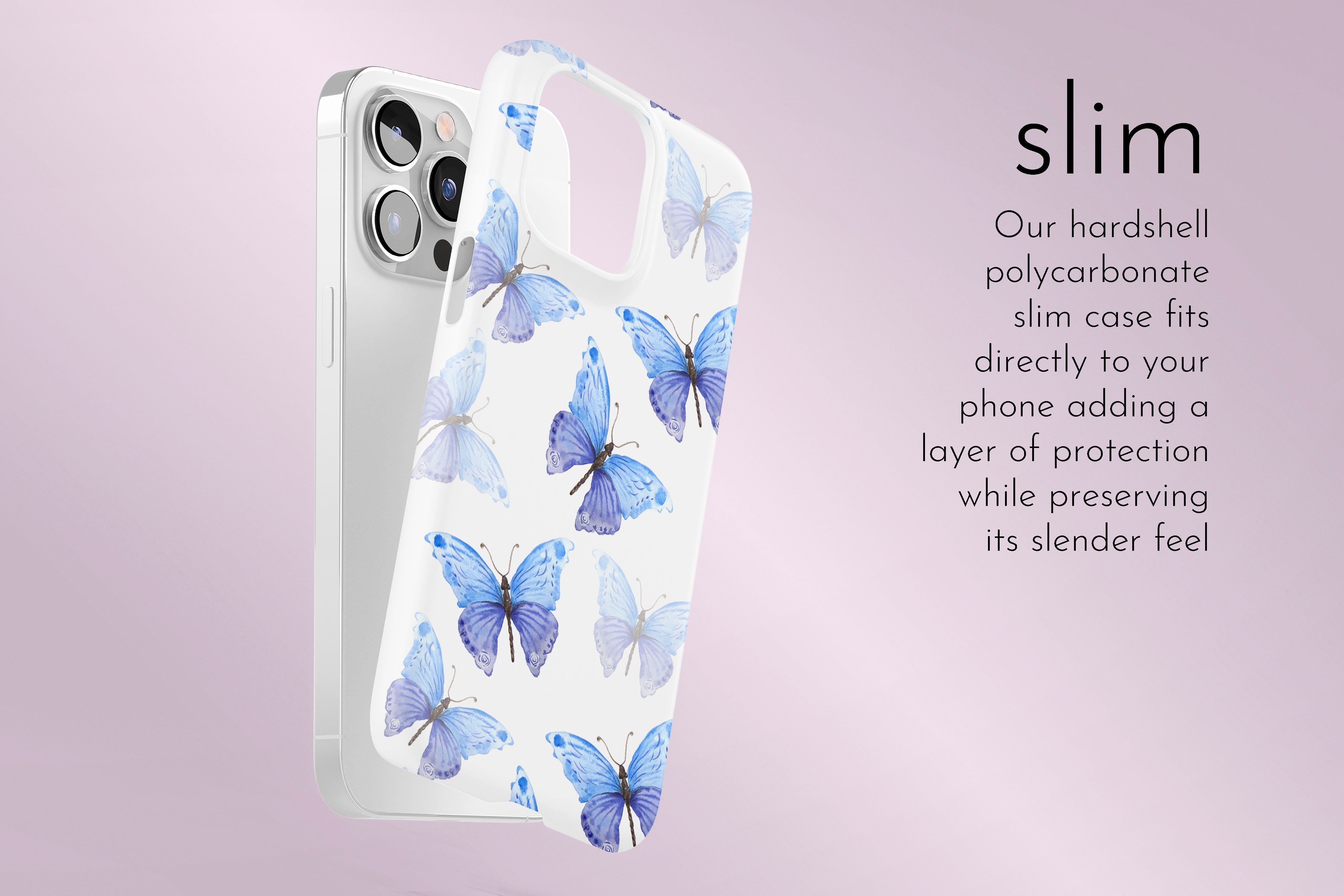 A graphic illustration of our Blue Butterfly design describing the main features of our slim type phone case