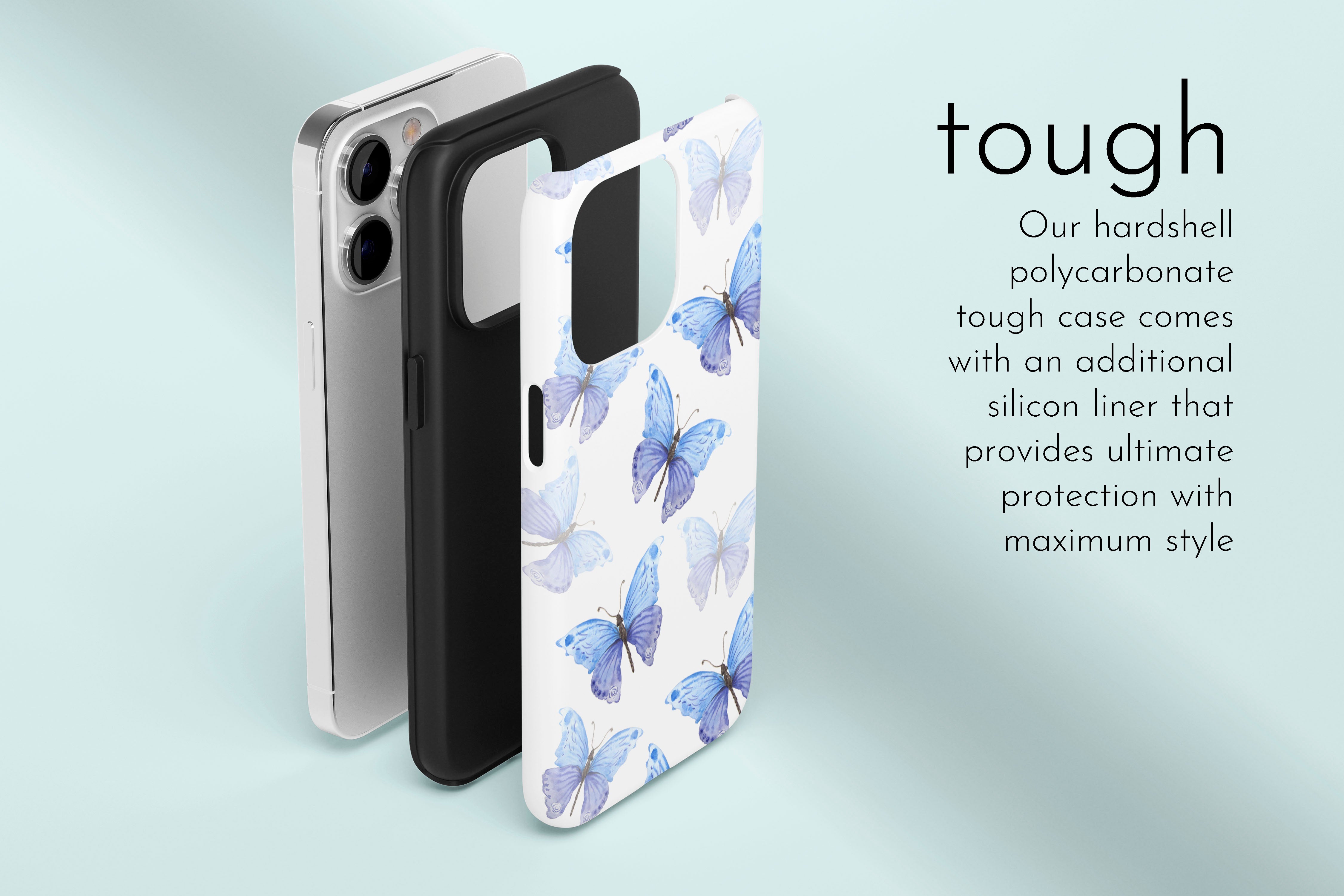 A graphic illustration of our Blue Butterfly design describing the main features of our tough type phone case