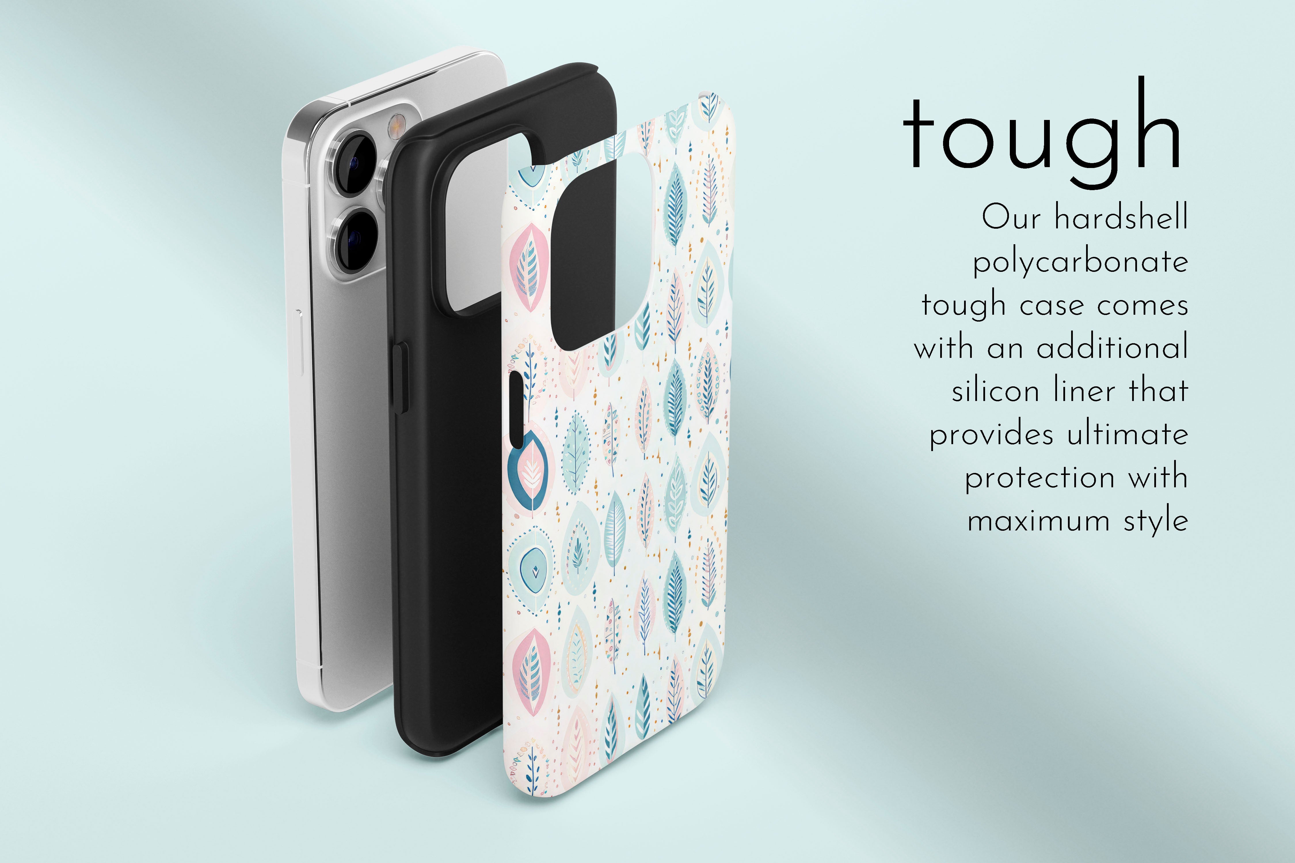 A graphic illustration of our Bohemian Leaf design describing the main features of our tough type phone case