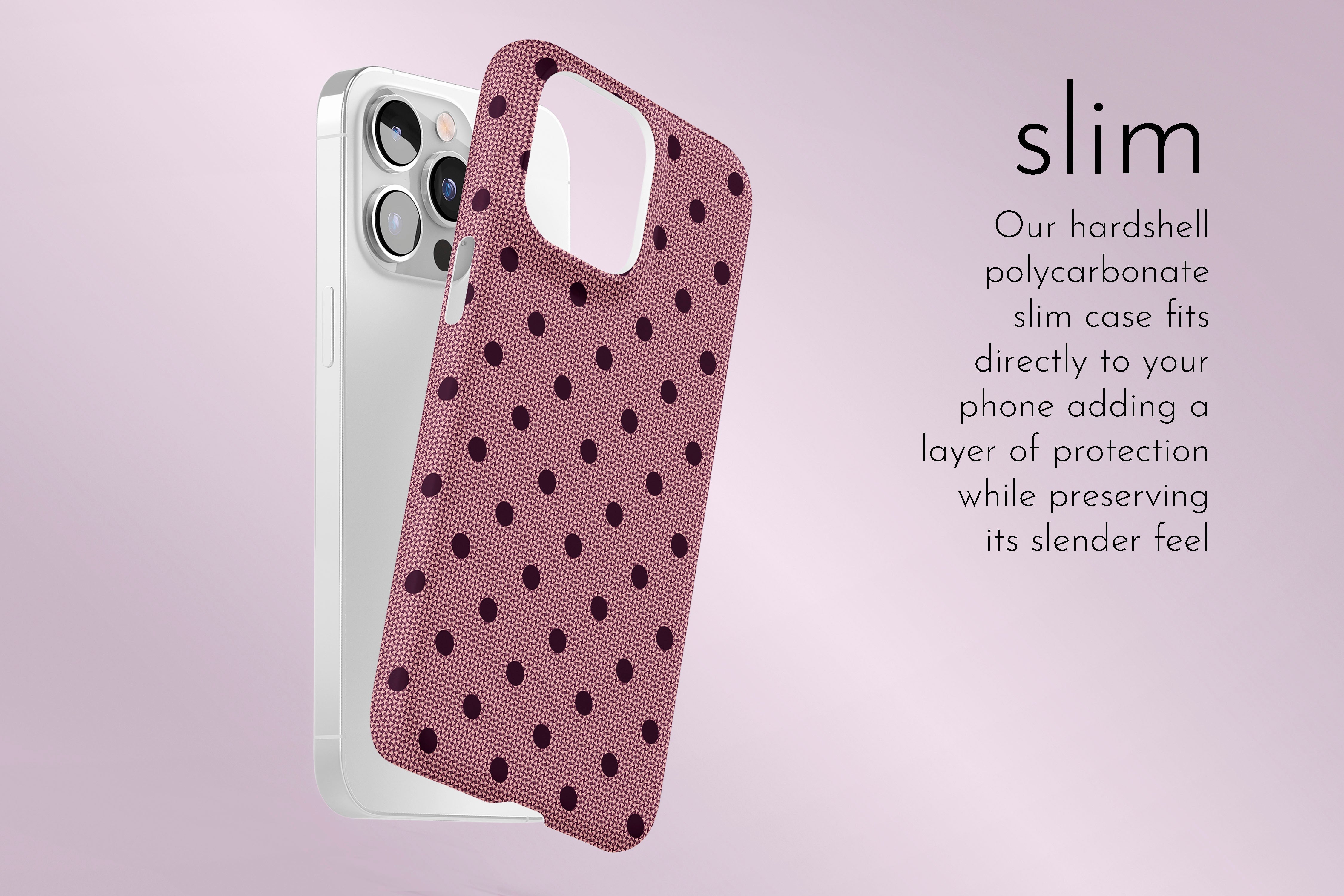 A graphic illustration of our Burgundy Spot design describing the main features of our slim type phone case