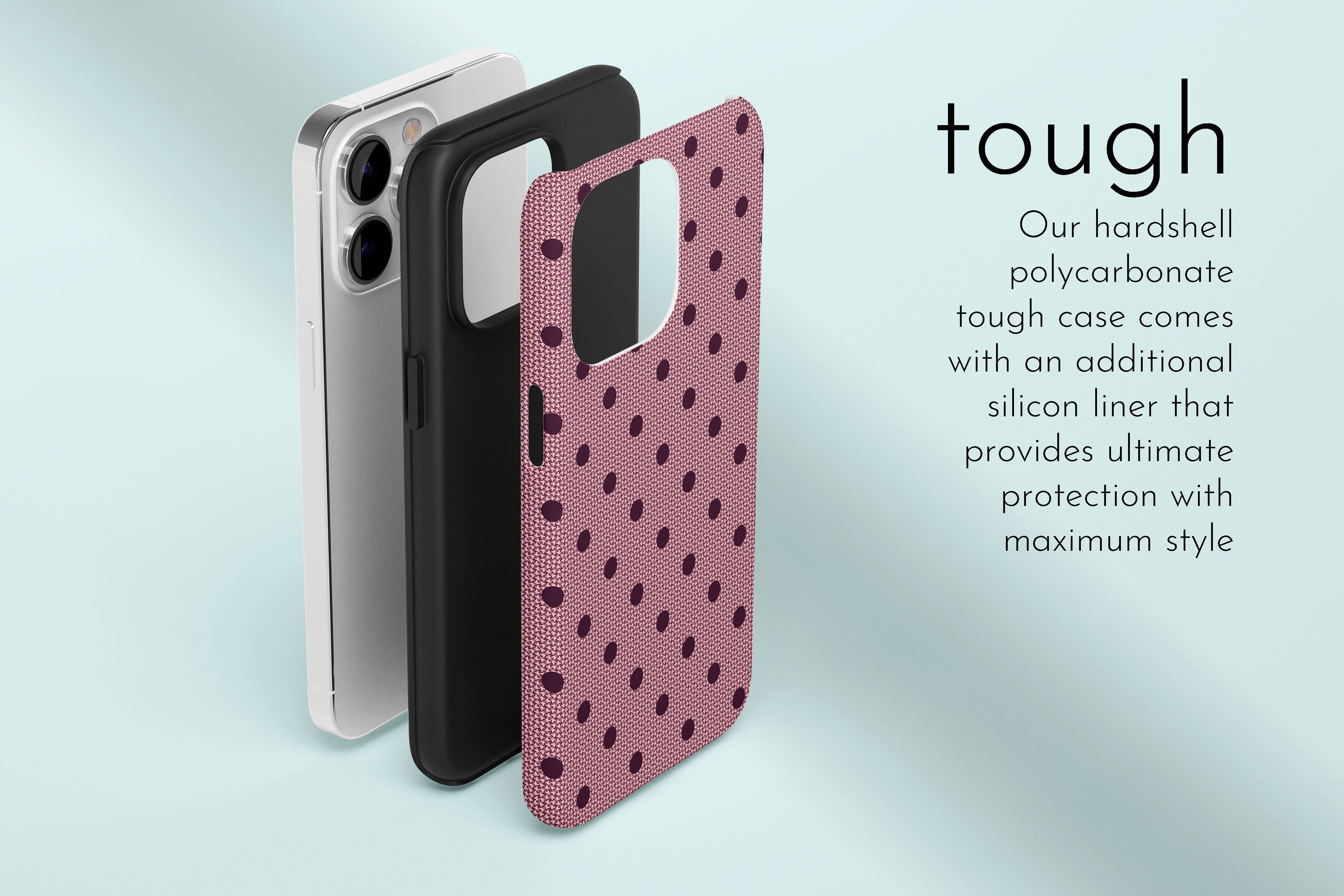 A graphic illustration of our Burgundy Spot design describing the main features of our tough type phone case