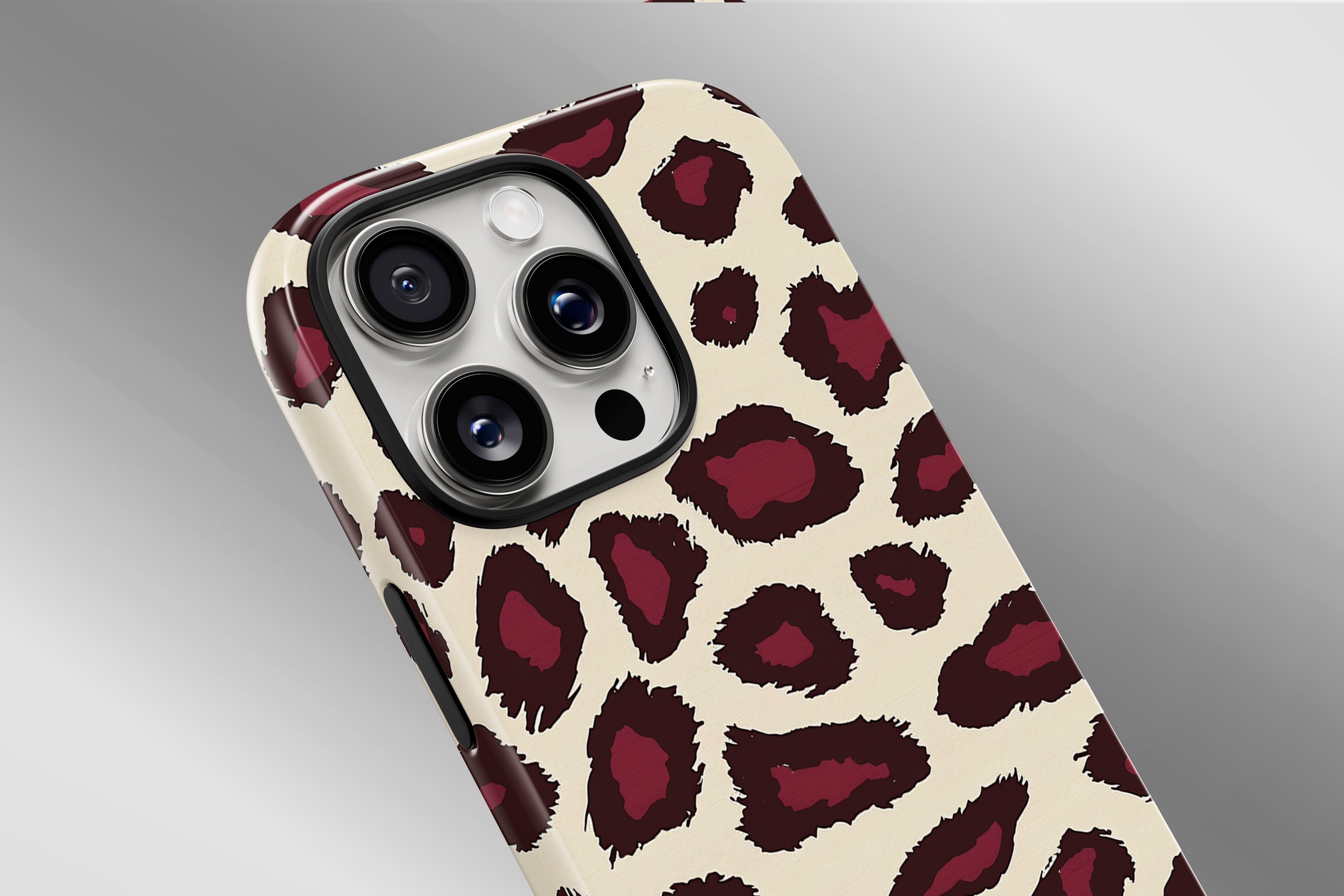 A close up image of a phone case featuring our Burgundy Leopard design