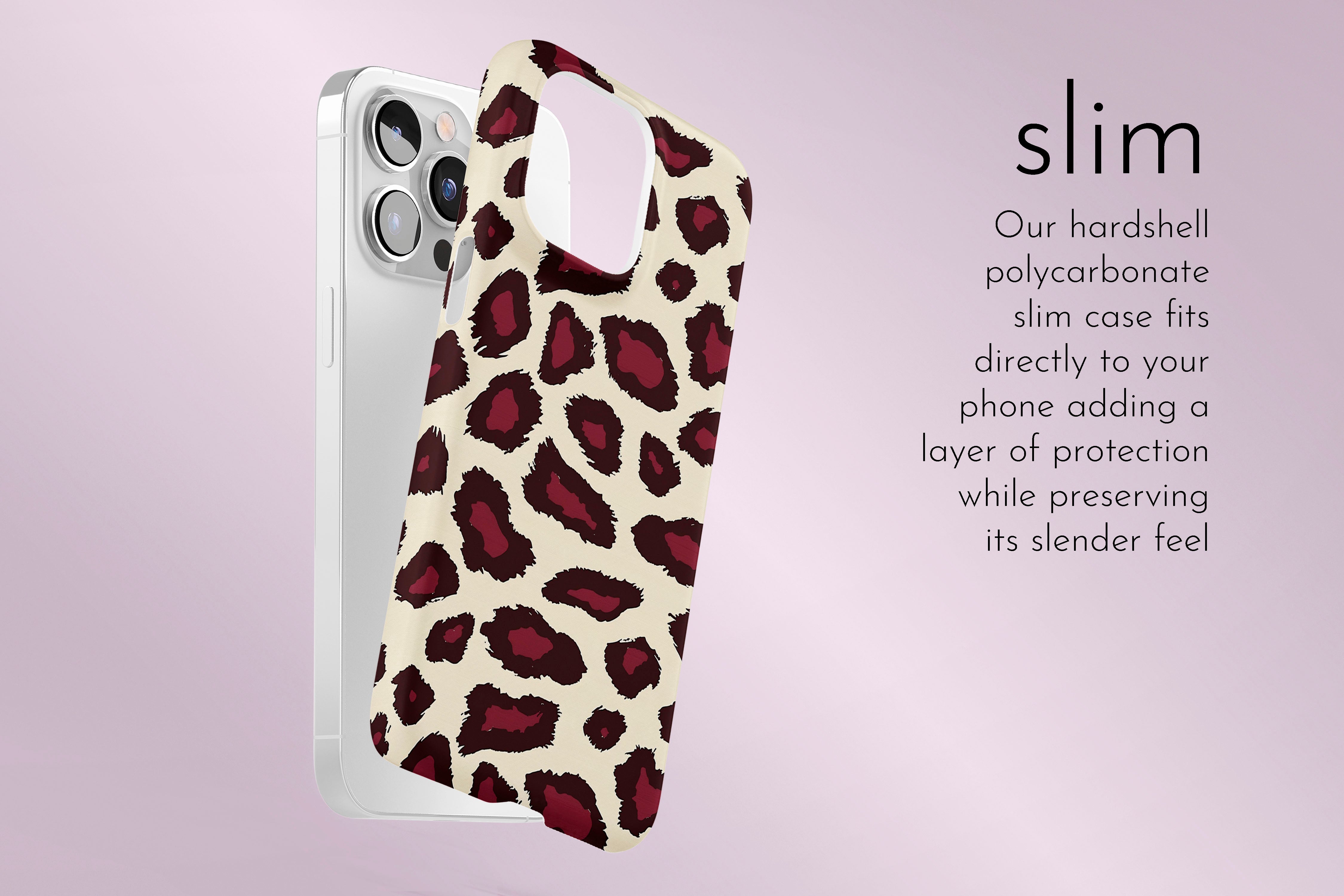 A graphic illustration of our Burgundy Leopard design describing the main features of our slim type phone case