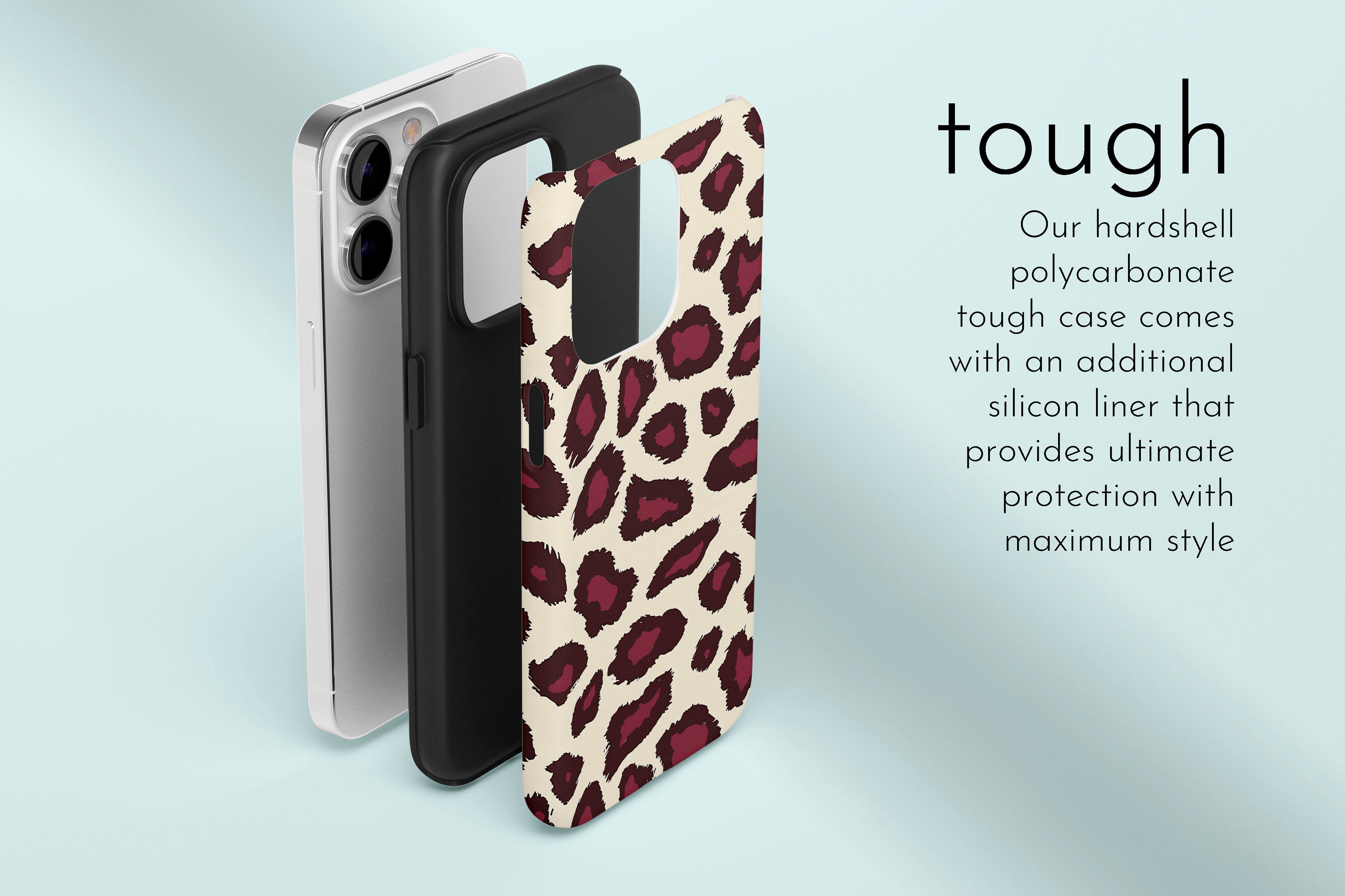 A graphic illustration of our Burgundy Leopard design describing the main features of our tough type phone case