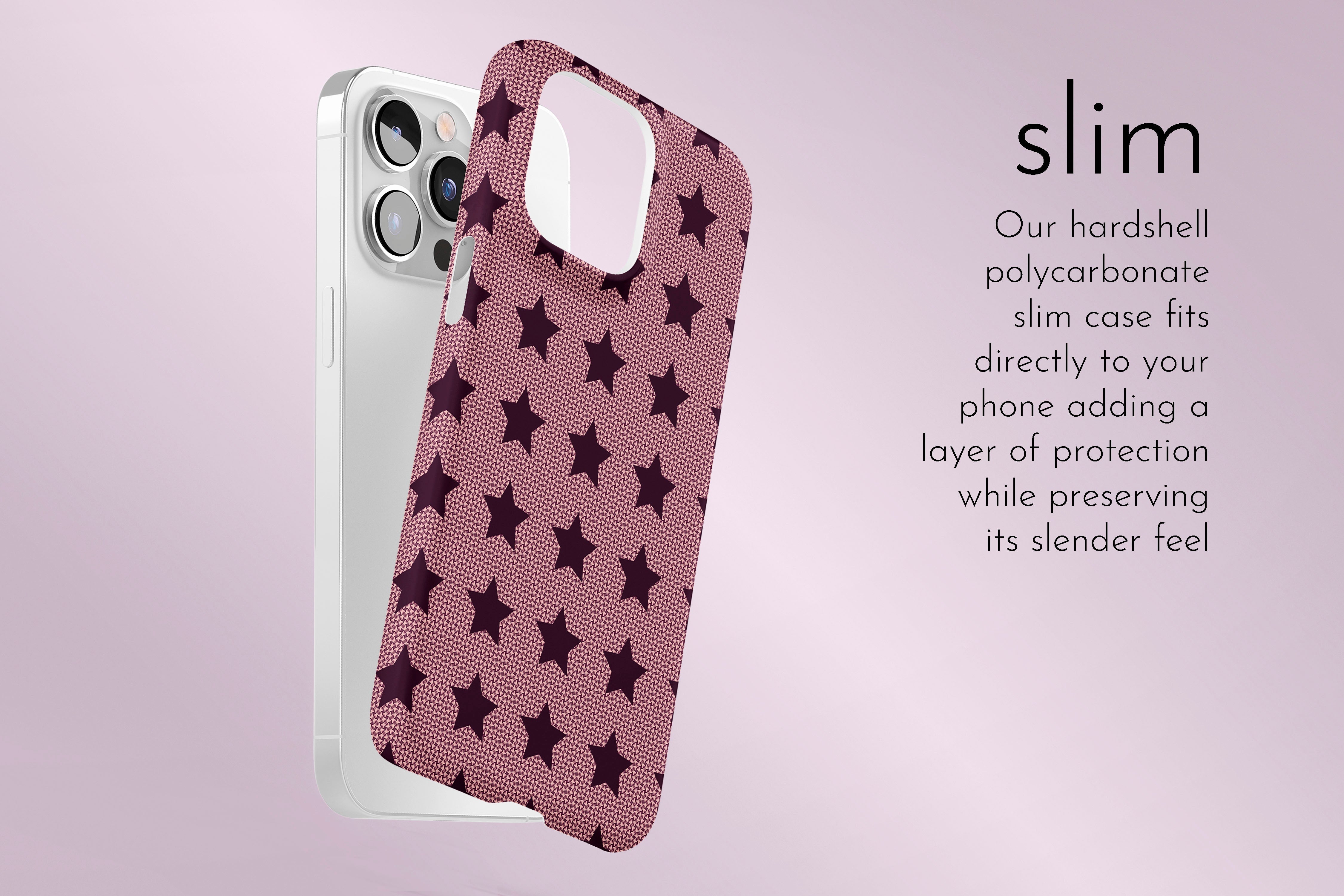 A graphic illustration of our Burgundy Stars design describing the main features of our slim type phone case