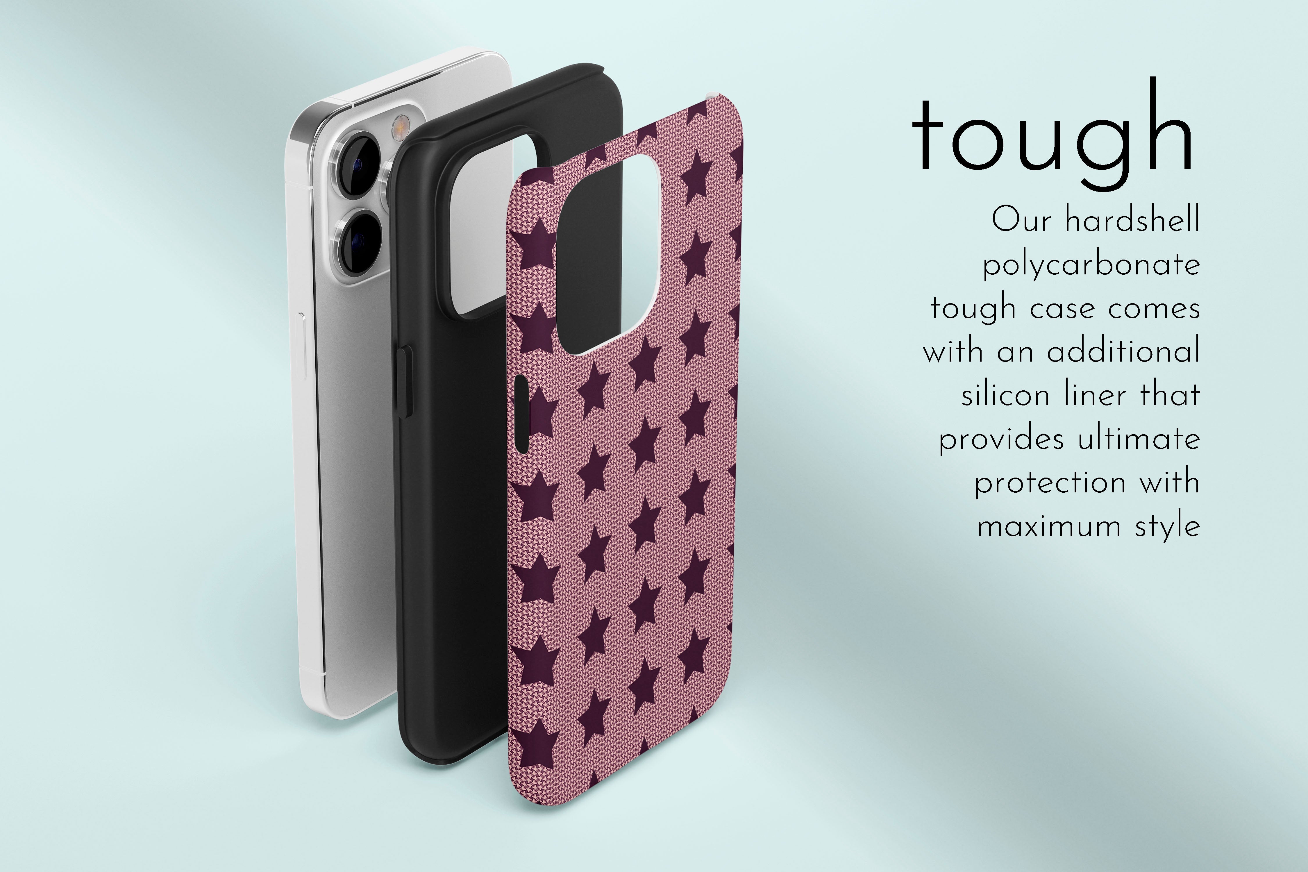 A graphic illustration of our Burgundy Stars design describing the main features of our tough type phone case