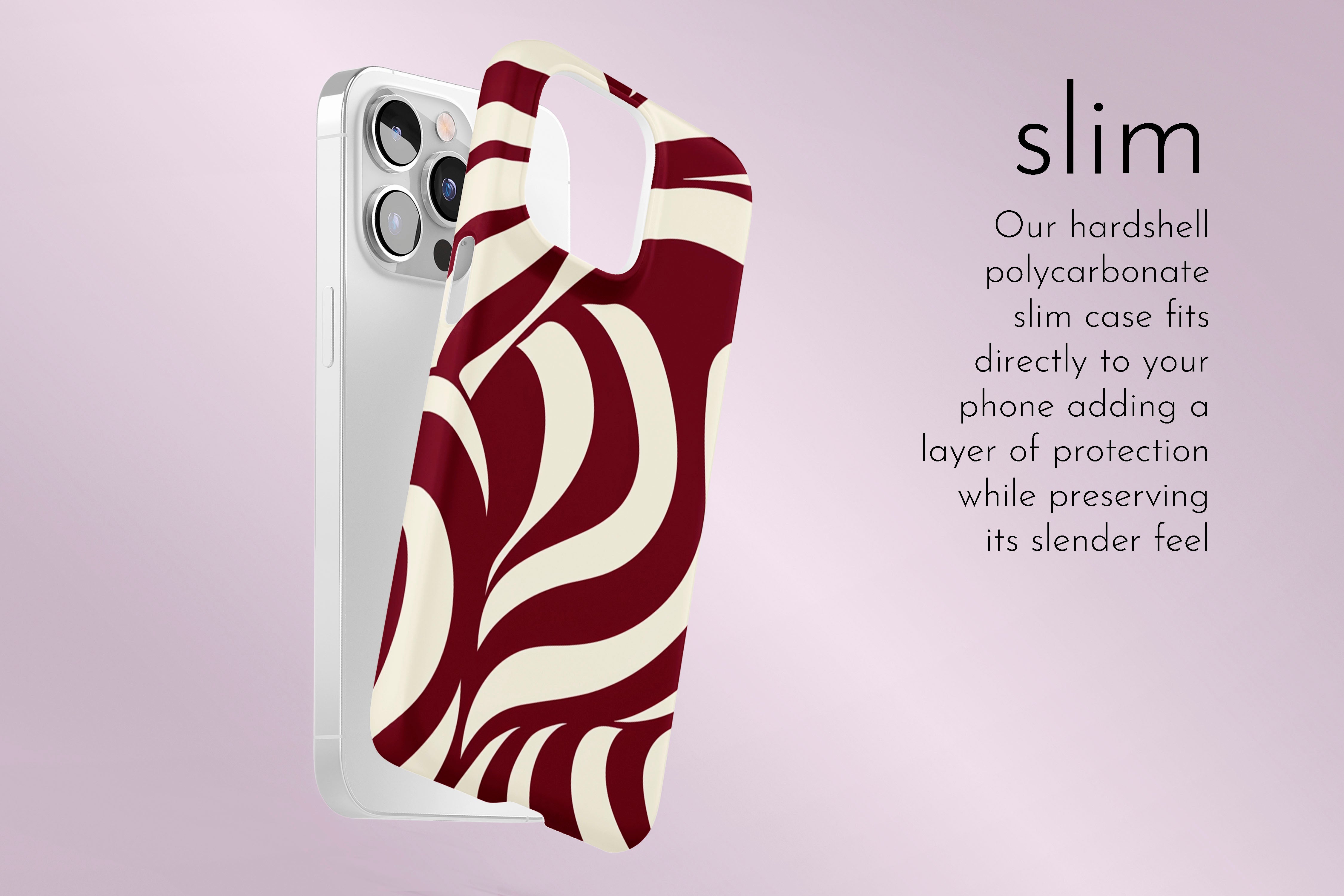 A graphic illustration of our Burgundy Twist design describing the main features of our slim type phone case