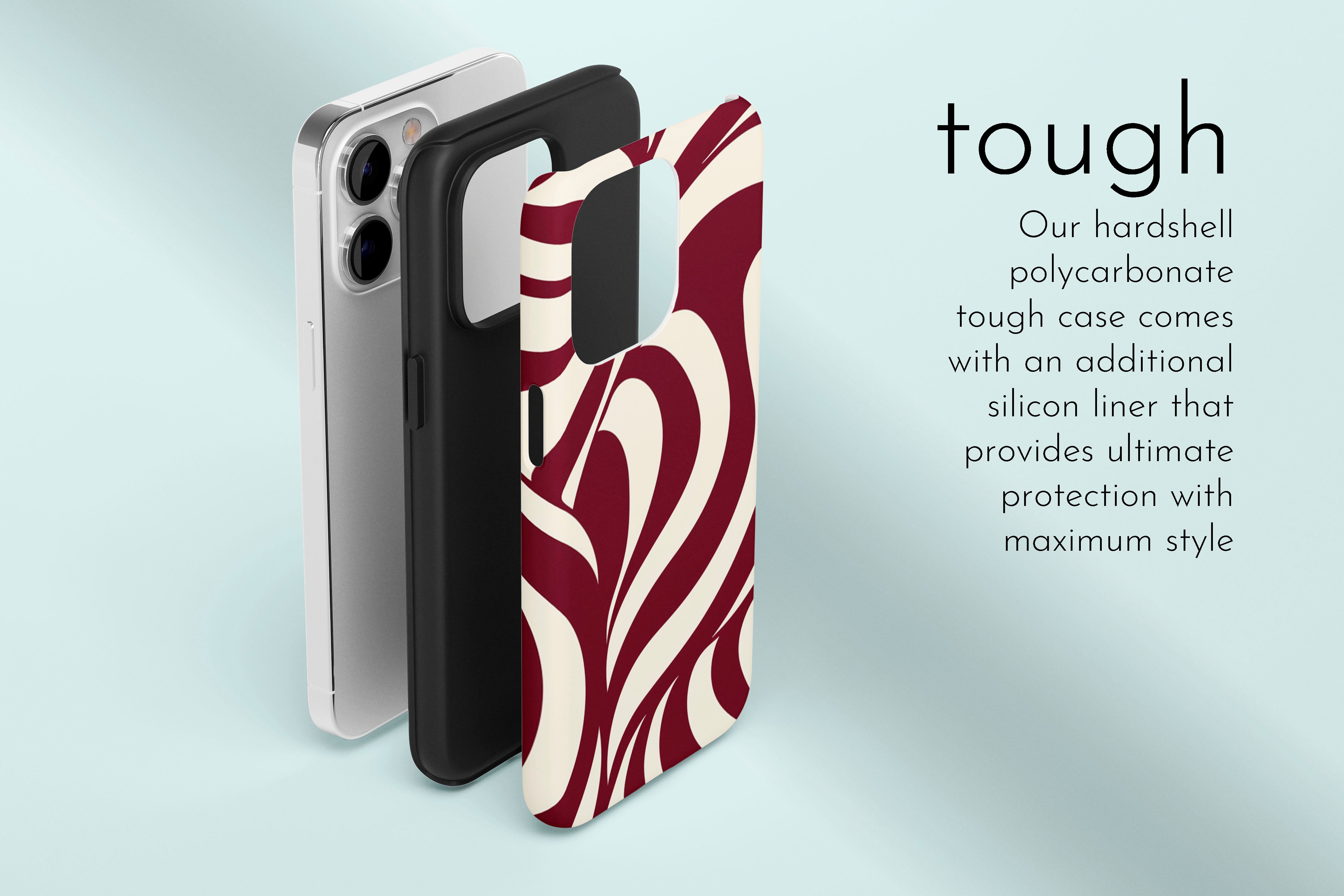 A graphic illustration of our Burgundy Twist design describing the main features of our tough type phone case