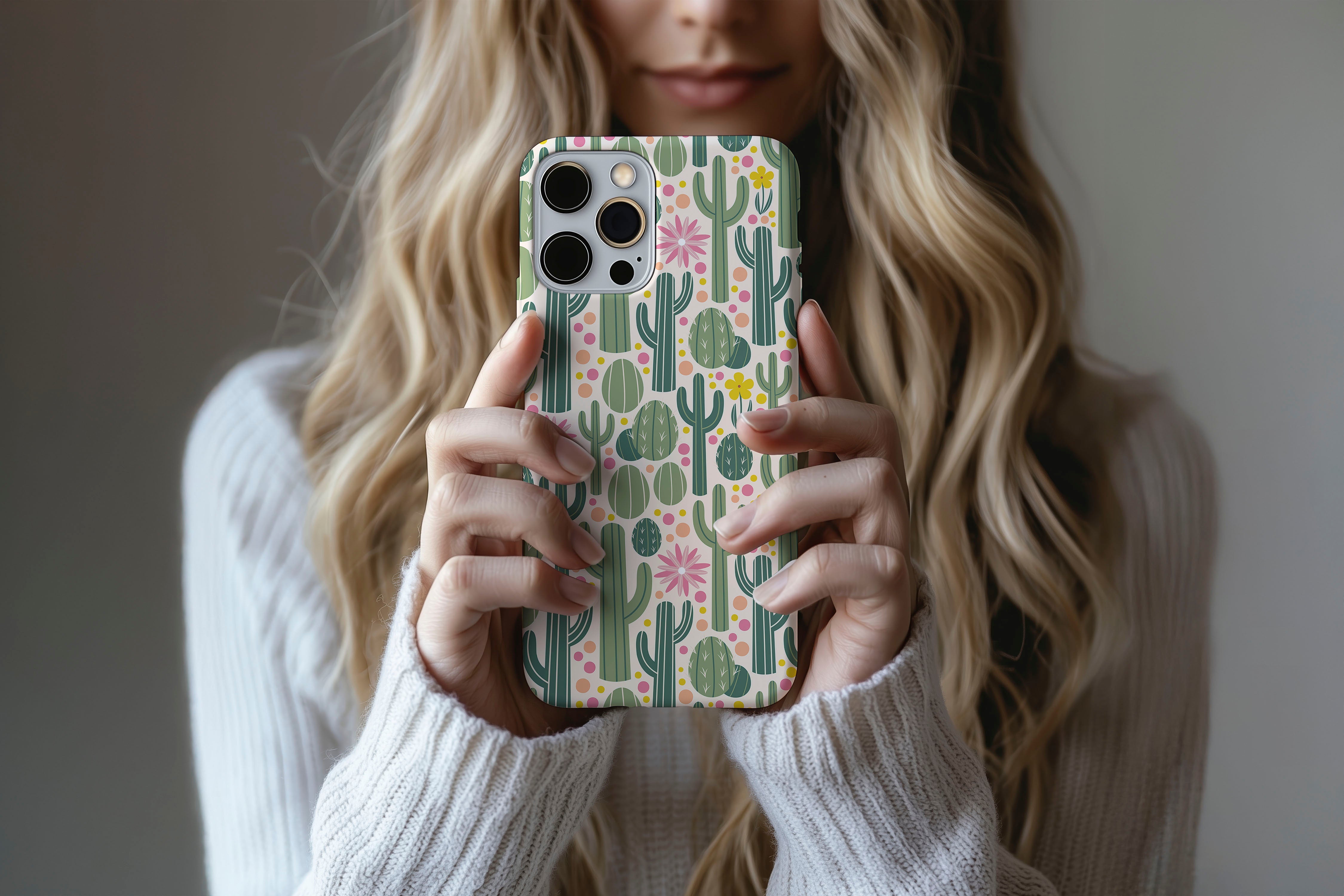 A cute girl holding a phone case featuring our Cactus Jack design