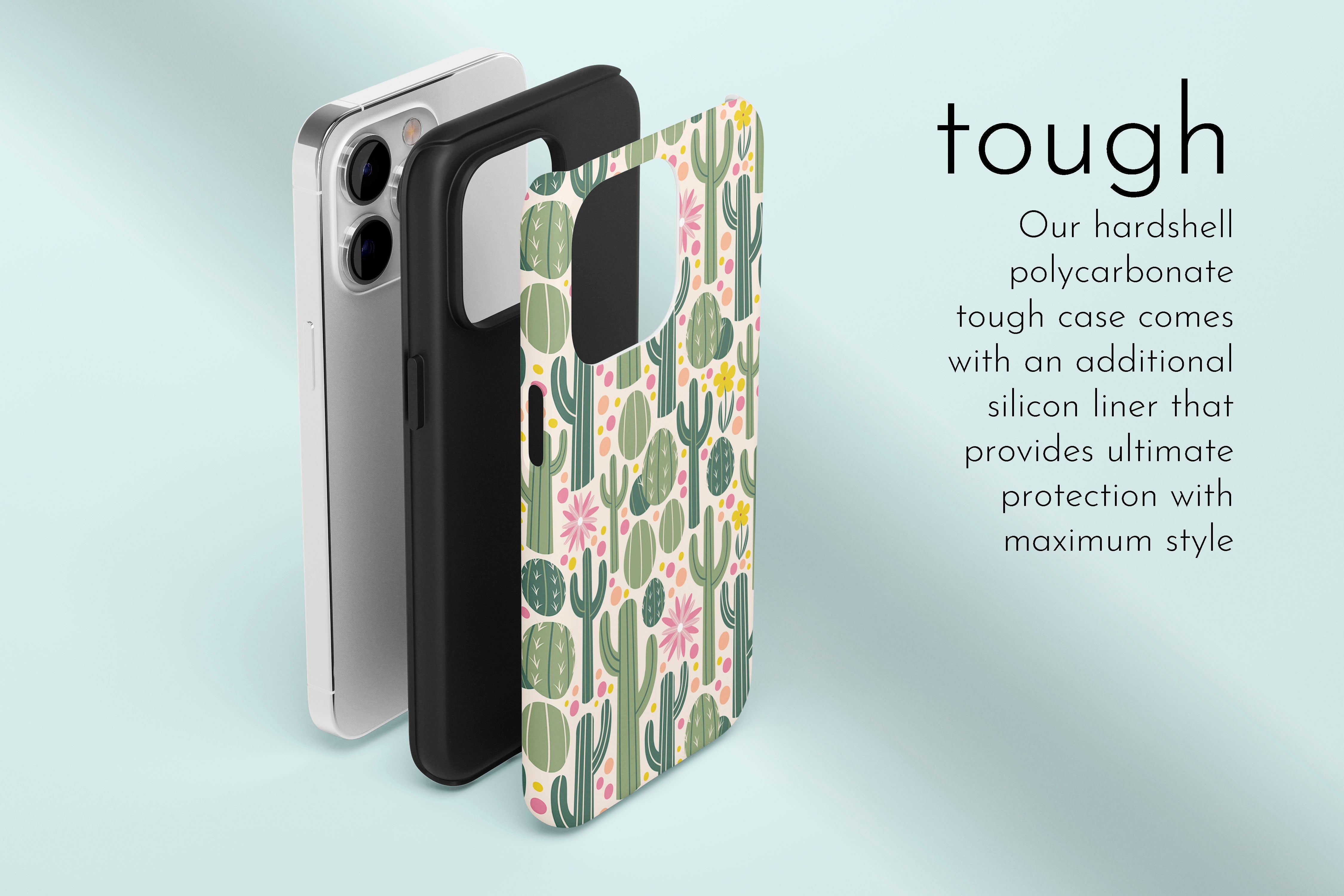 A graphic illustration of our Cactus Jack design describing the main features of our tough type phone case