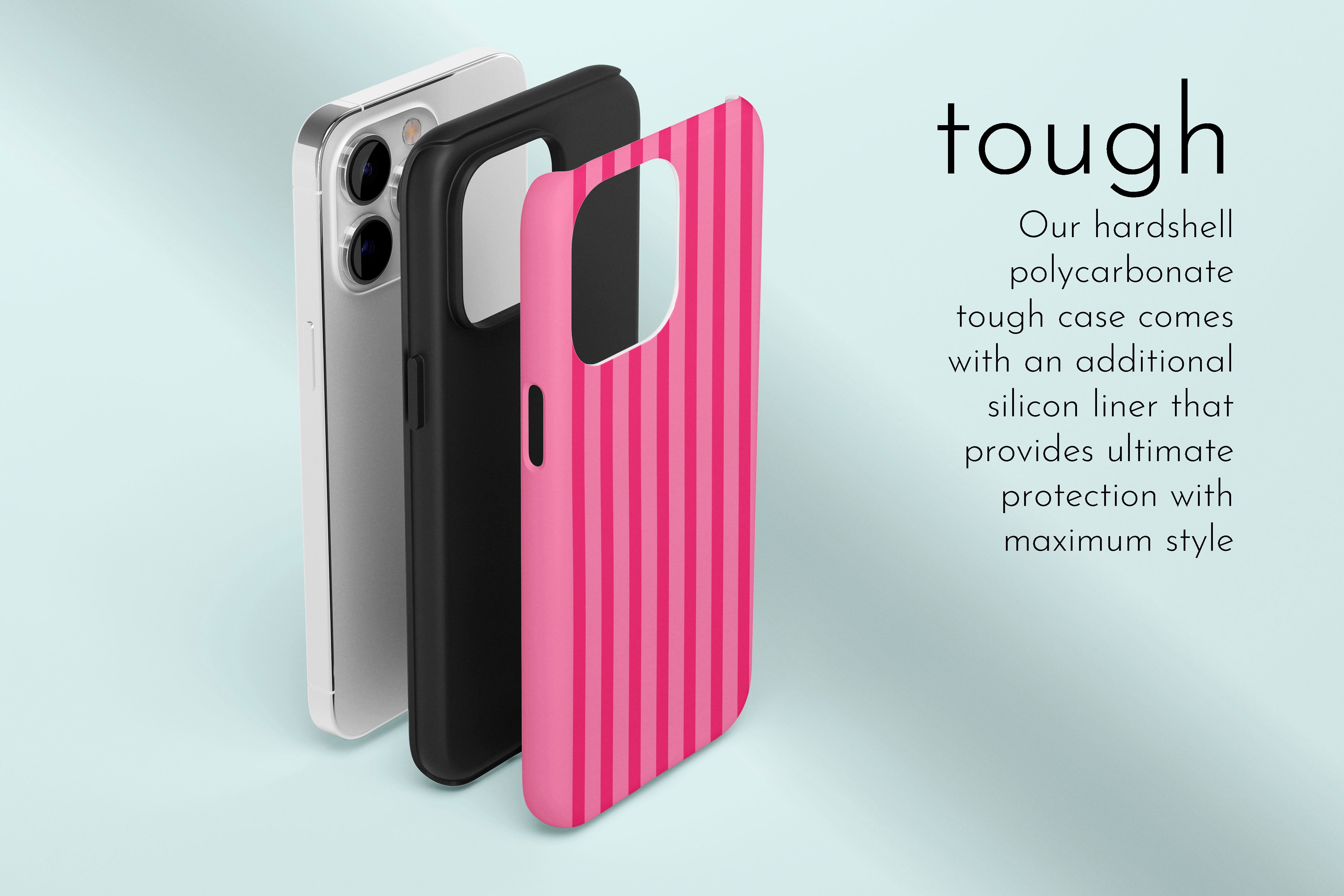A graphic illustration of our Candy Stripe design describing the main features of our tough type phone case
