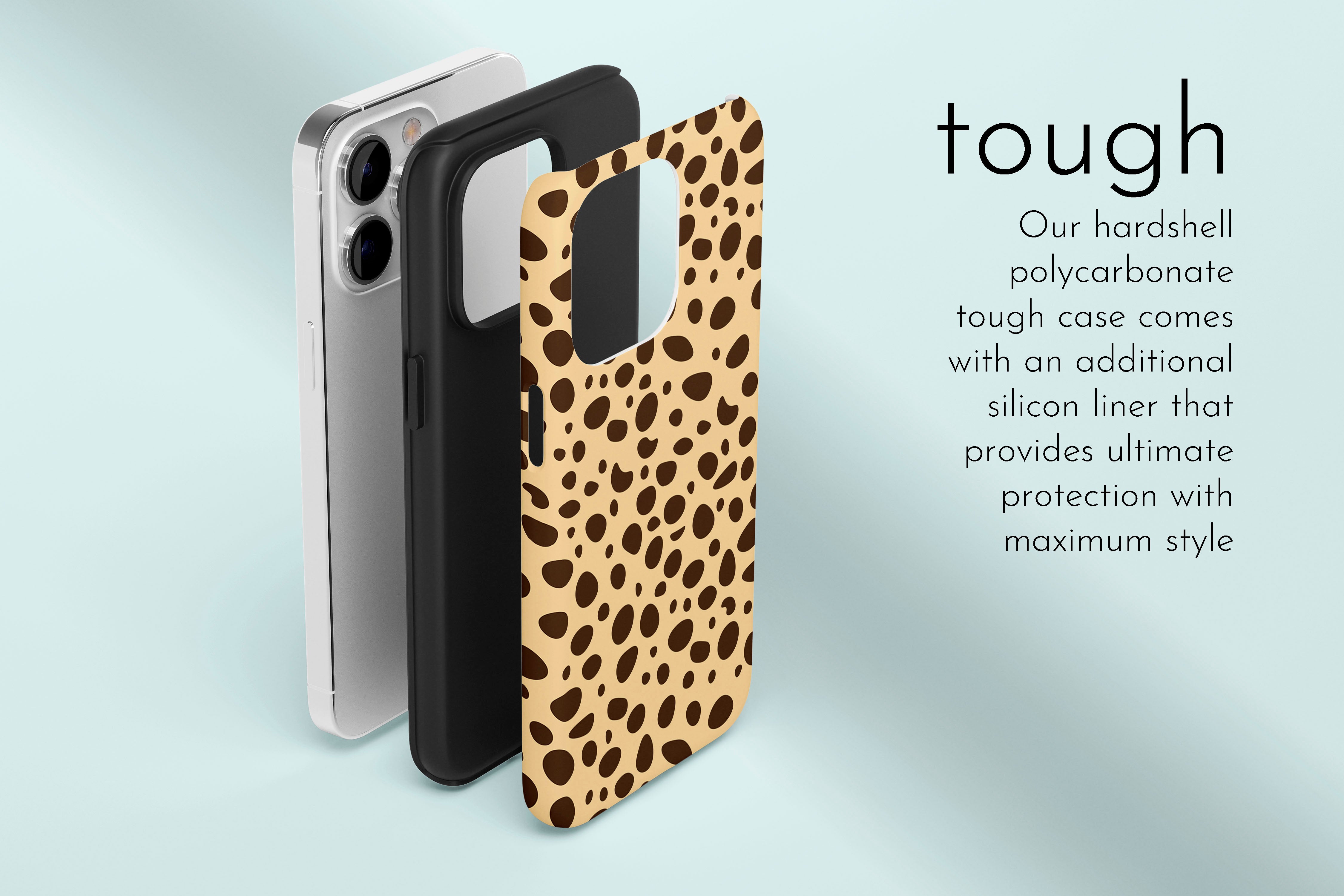 A graphic illustration of our Cheetah Cheetah design describing the main features of our tough type phone case