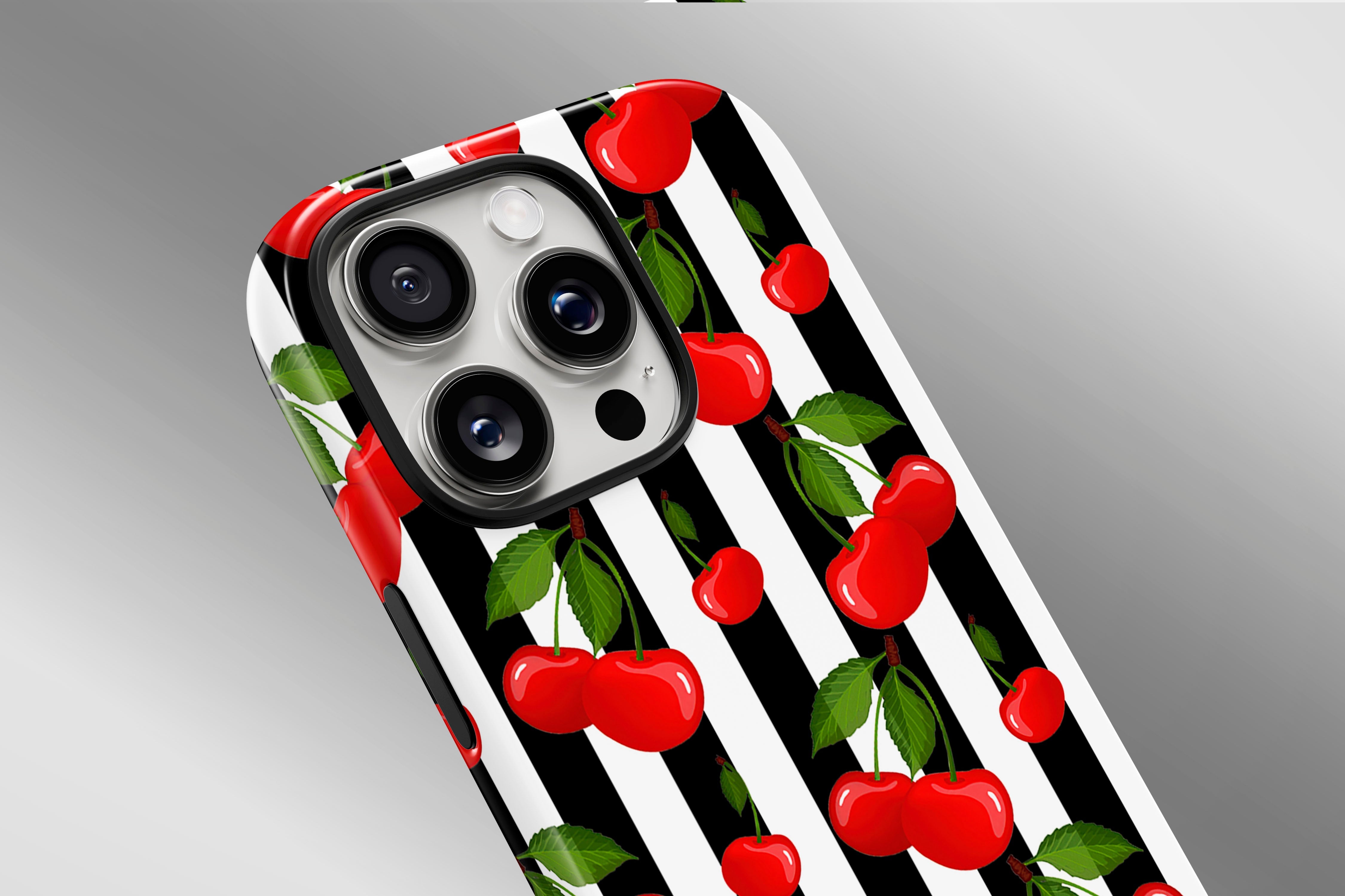 A close up image of a phone case featuring our Cherry Pop design