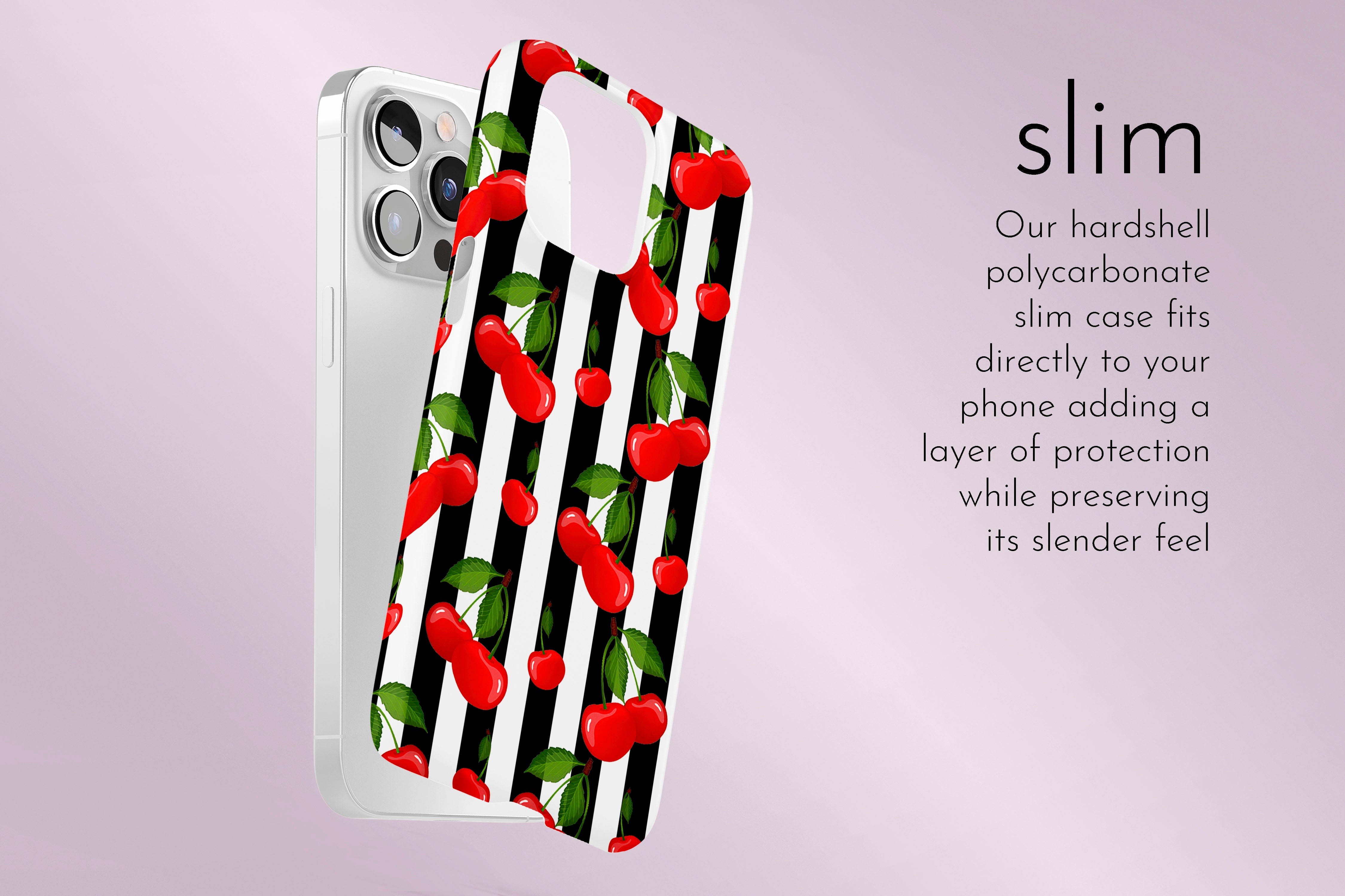A graphic illustration of our Cherry Pop design describing the main features of our slim type phone case
