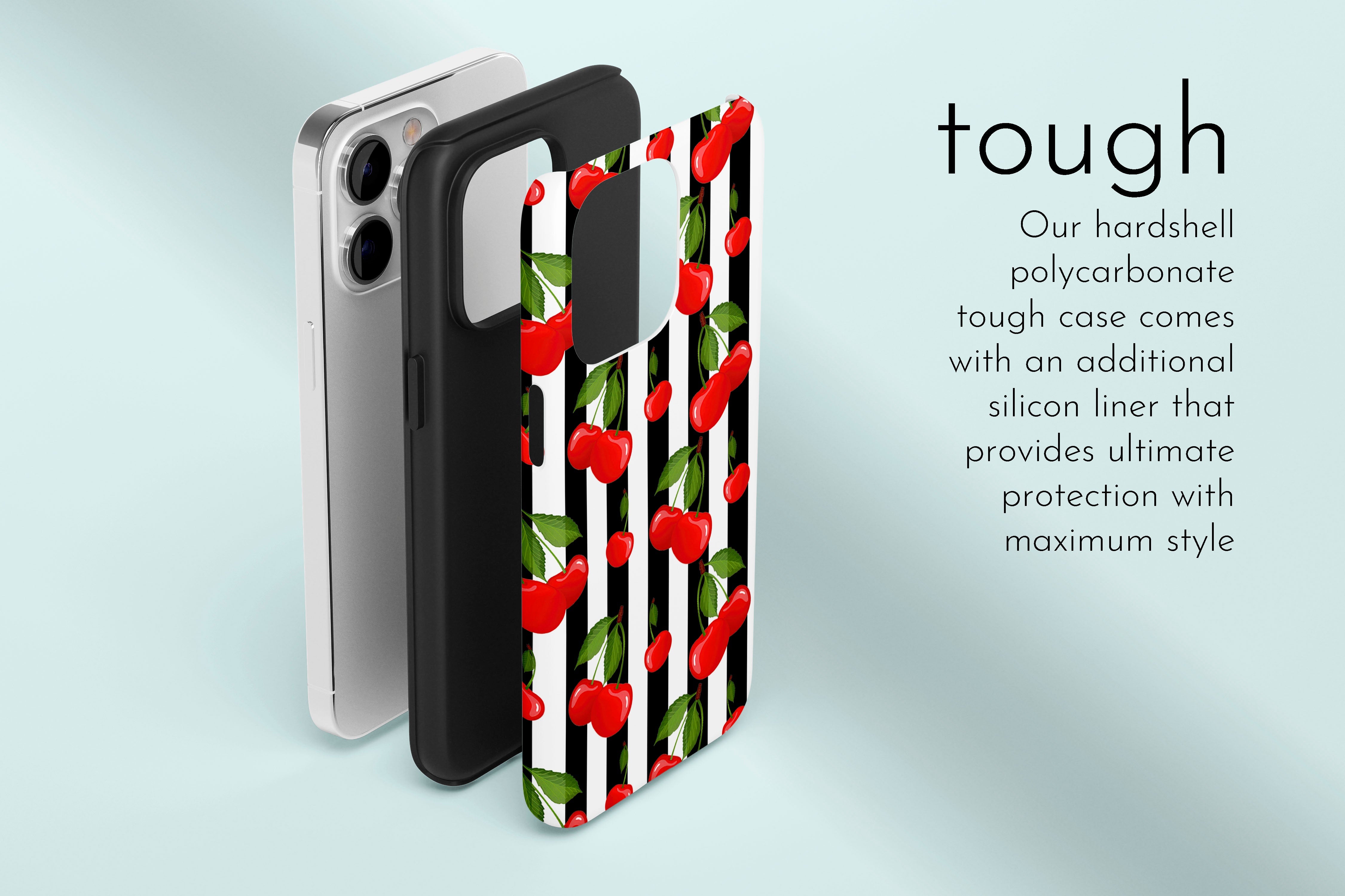 A graphic illustration of our Cherry Pop design describing the main features of our tough type phone case