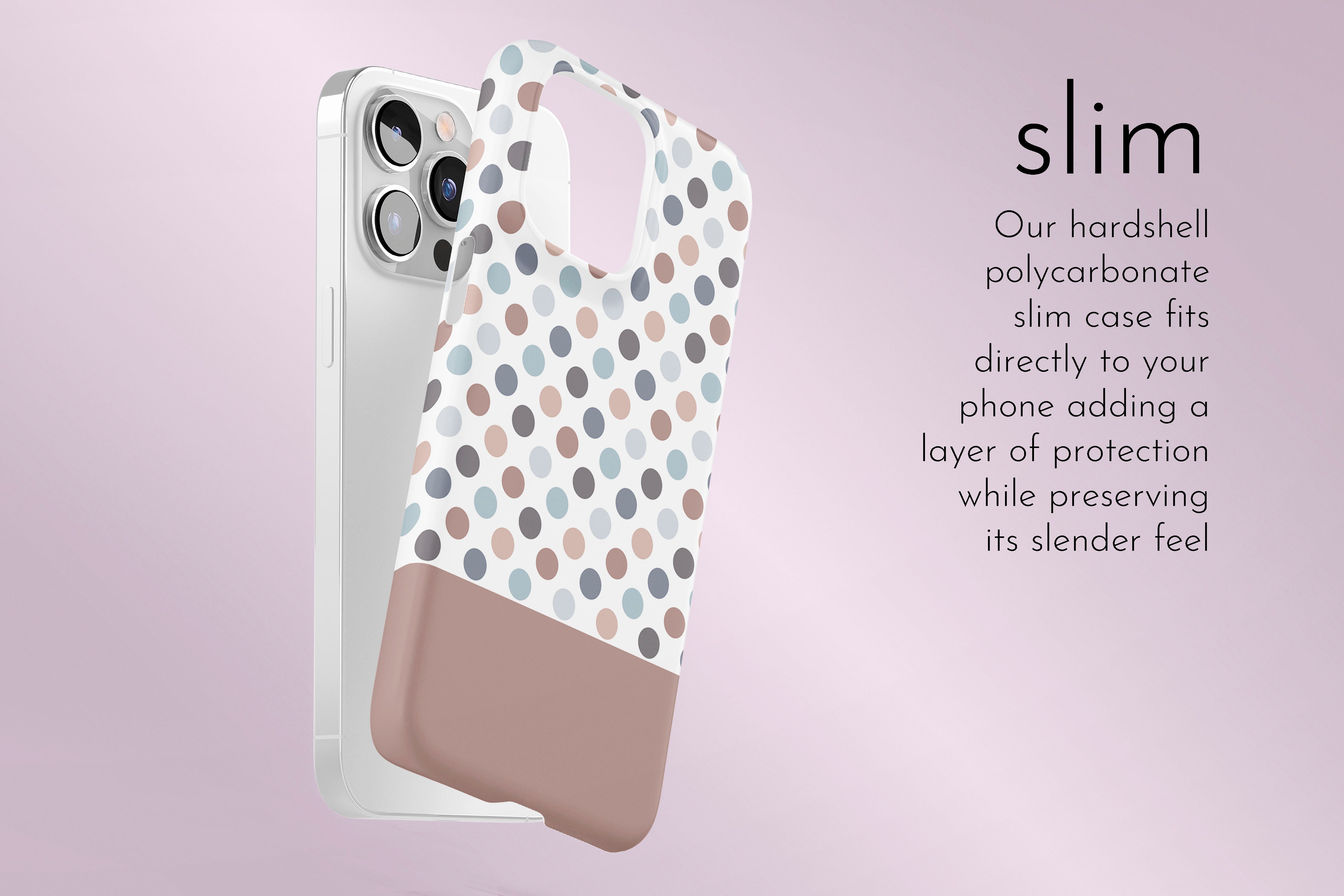 A graphic illustration of our Chocco Spotty design describing the main features of our slim type phone case
