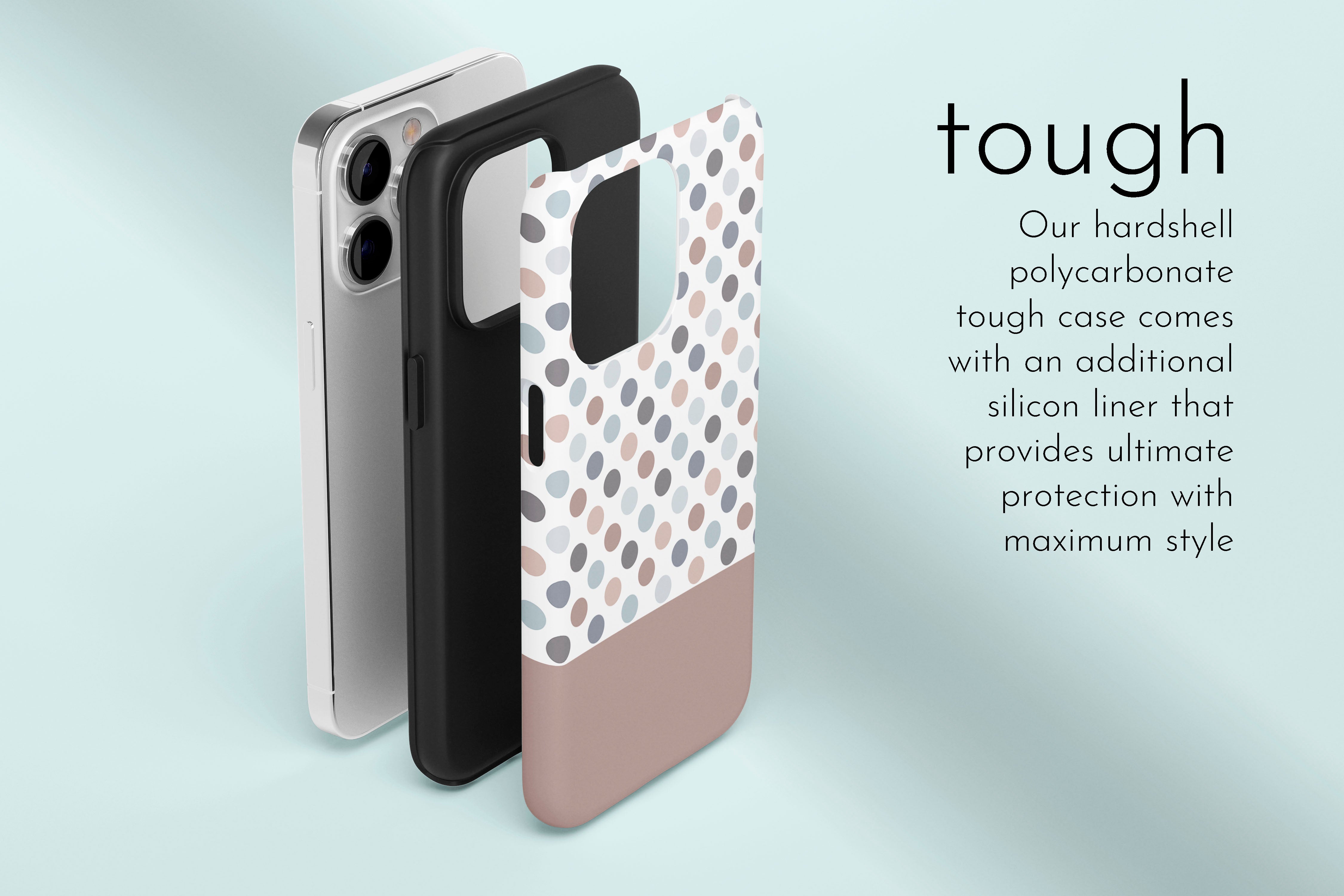 A graphic illustration of our Chocco Spotty design describing the main features of our tough type phone case