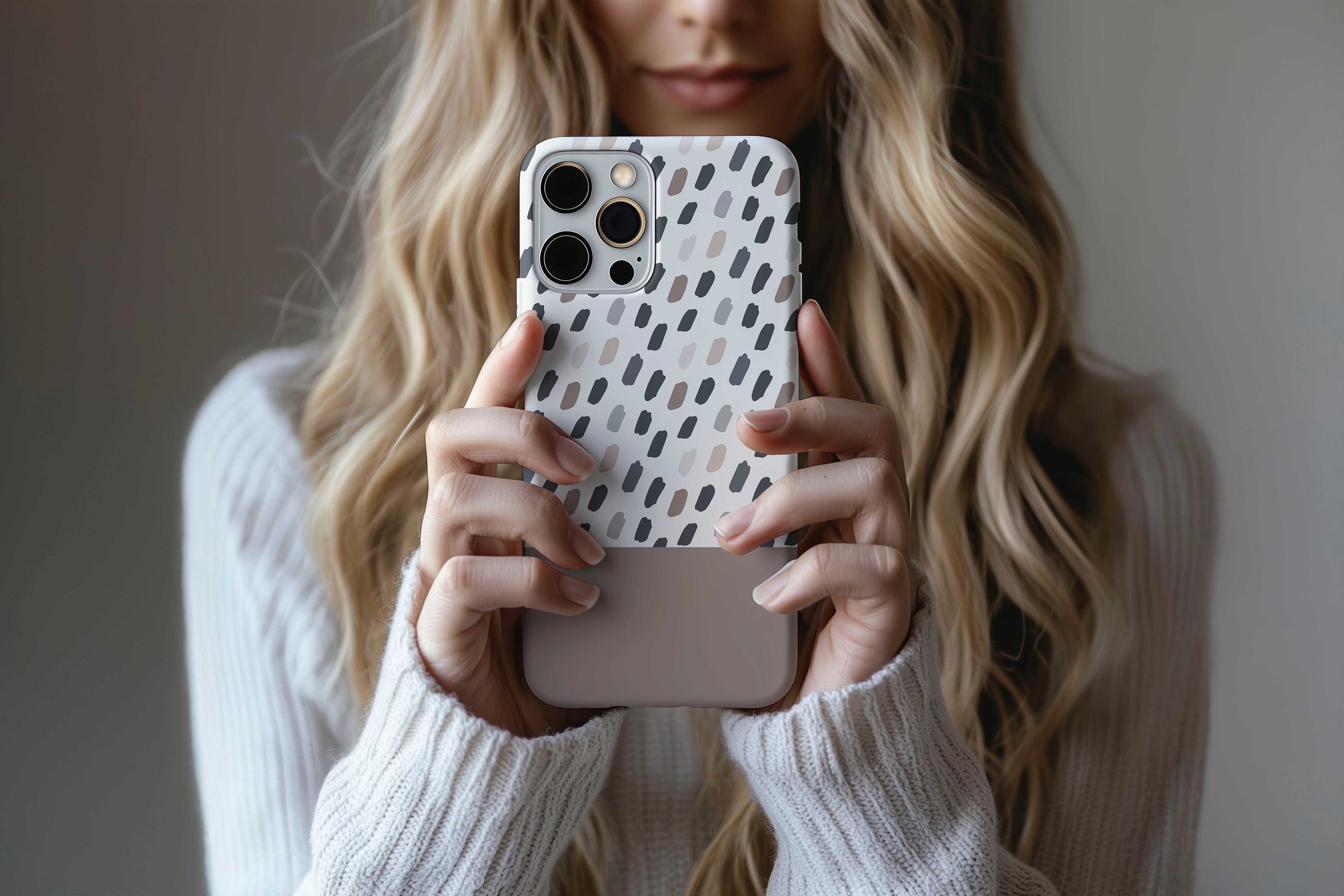 A cute girl holding a phone case featuring our Choco Latte design