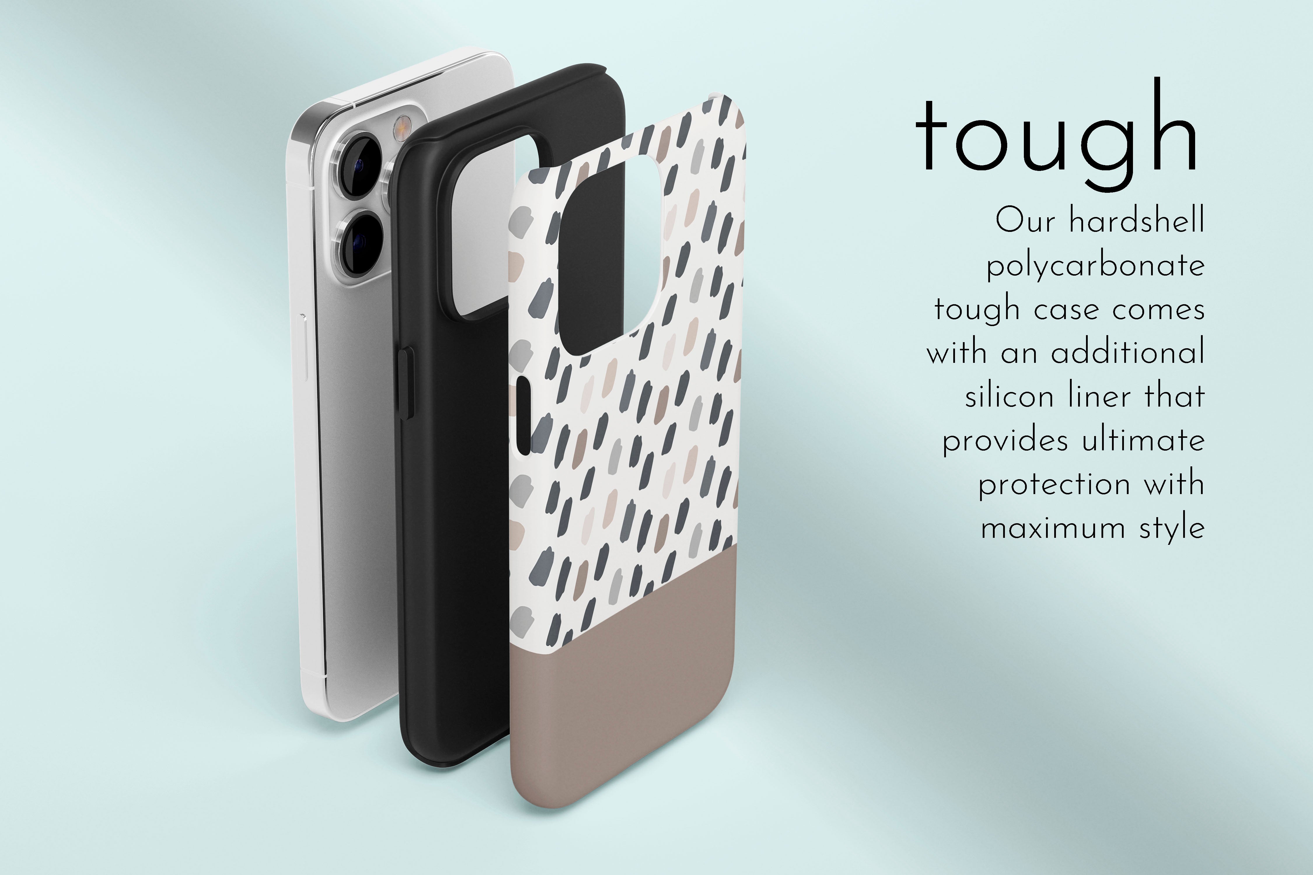 A graphic illustration of our Choco Latte design describing the main features of our tough type phone case