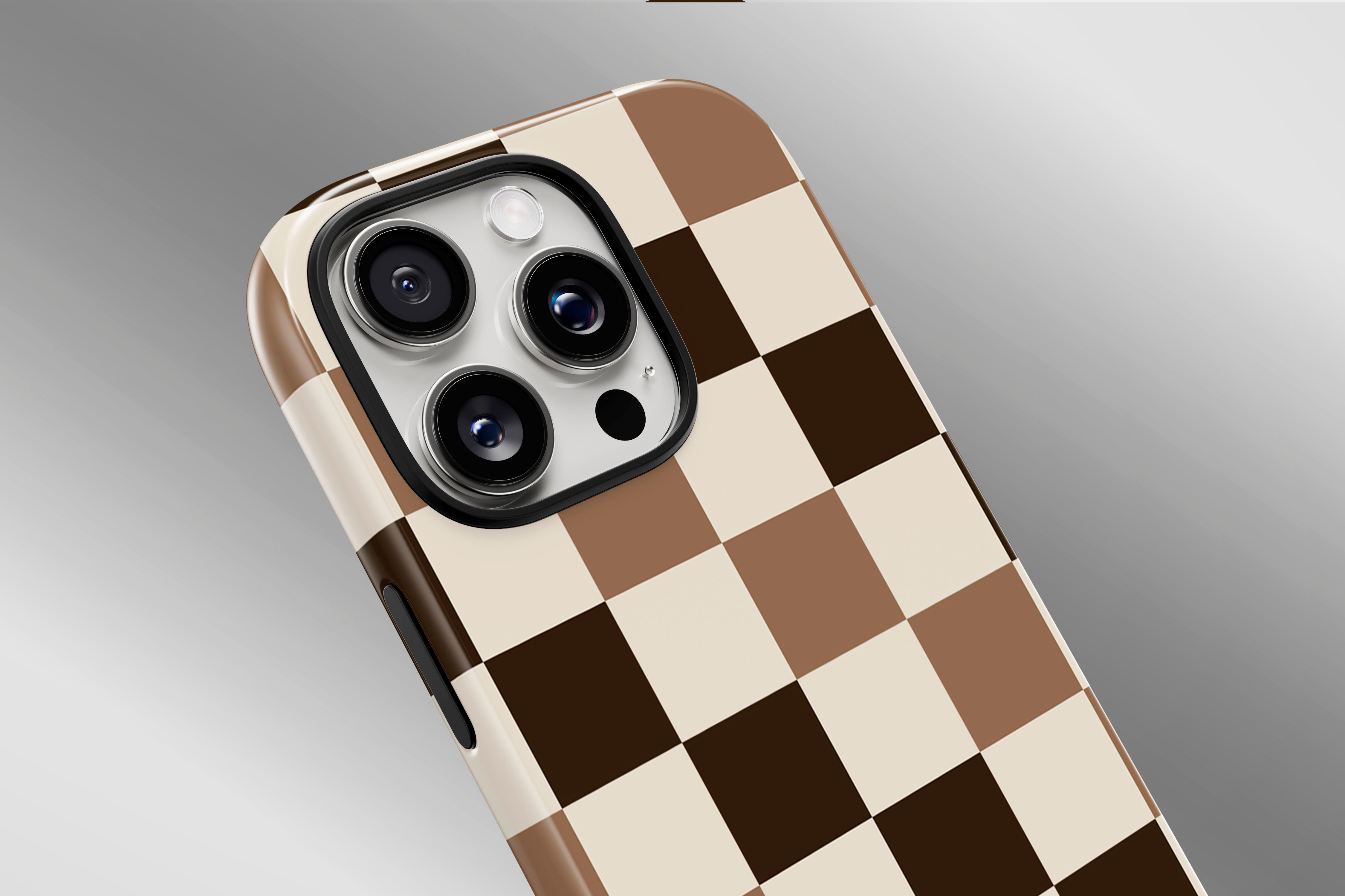 A close up image of a phone case featuring our Chocolate Check design
