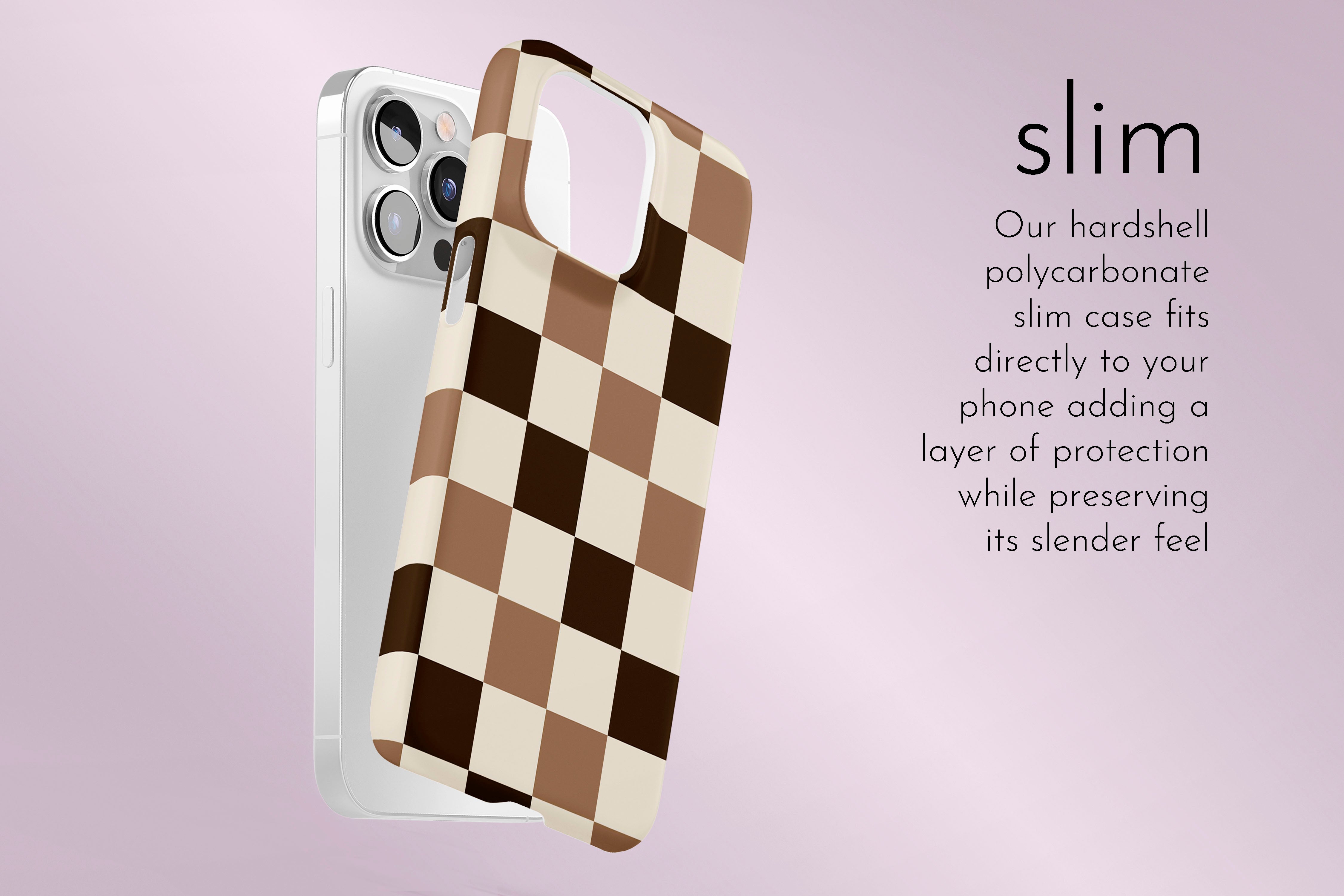 A graphic illustration of our Chocolate Check design describing the main features of our slim type phone case
