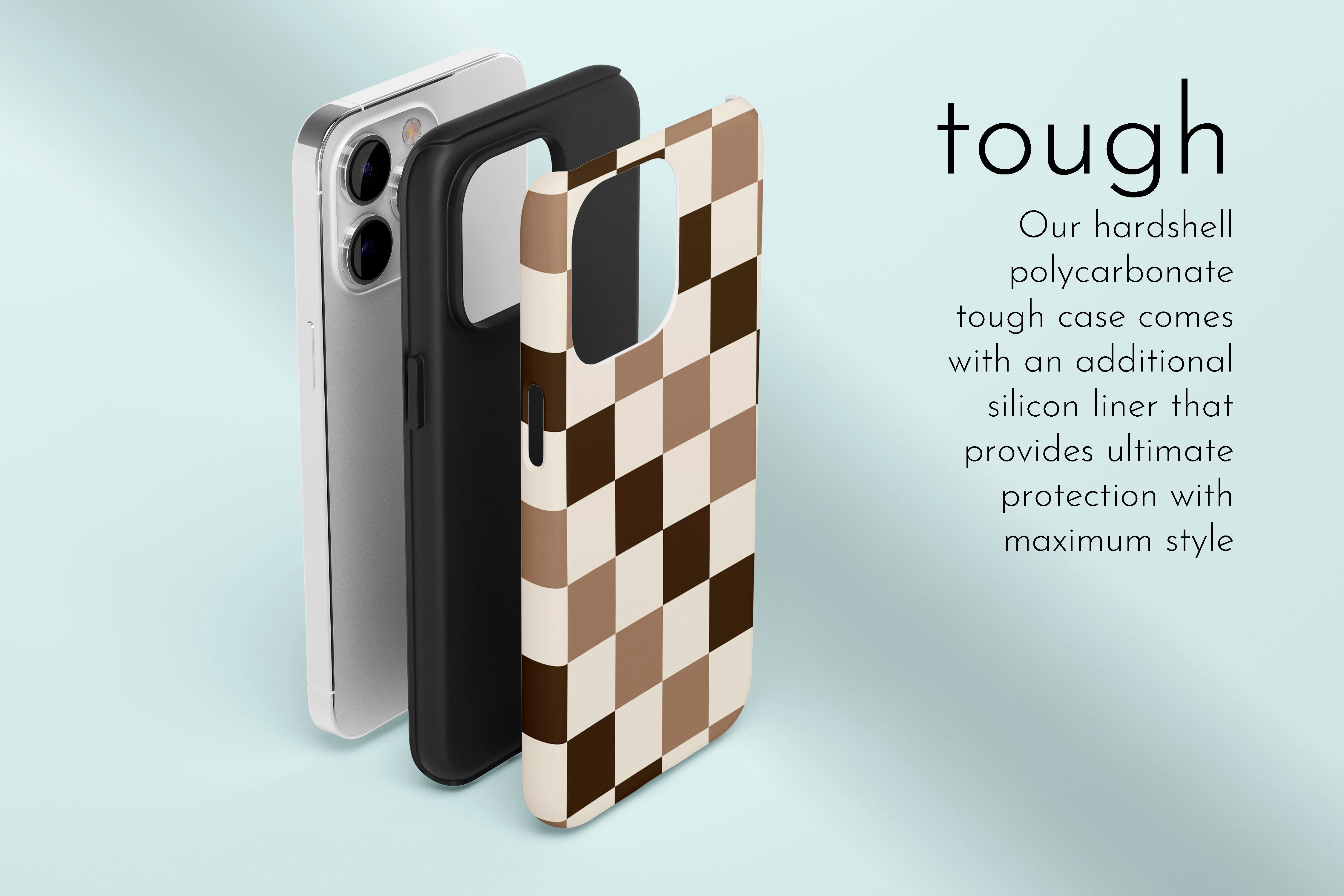 A graphic illustration of our Chocolate Check design describing the main features of our tough type phone case