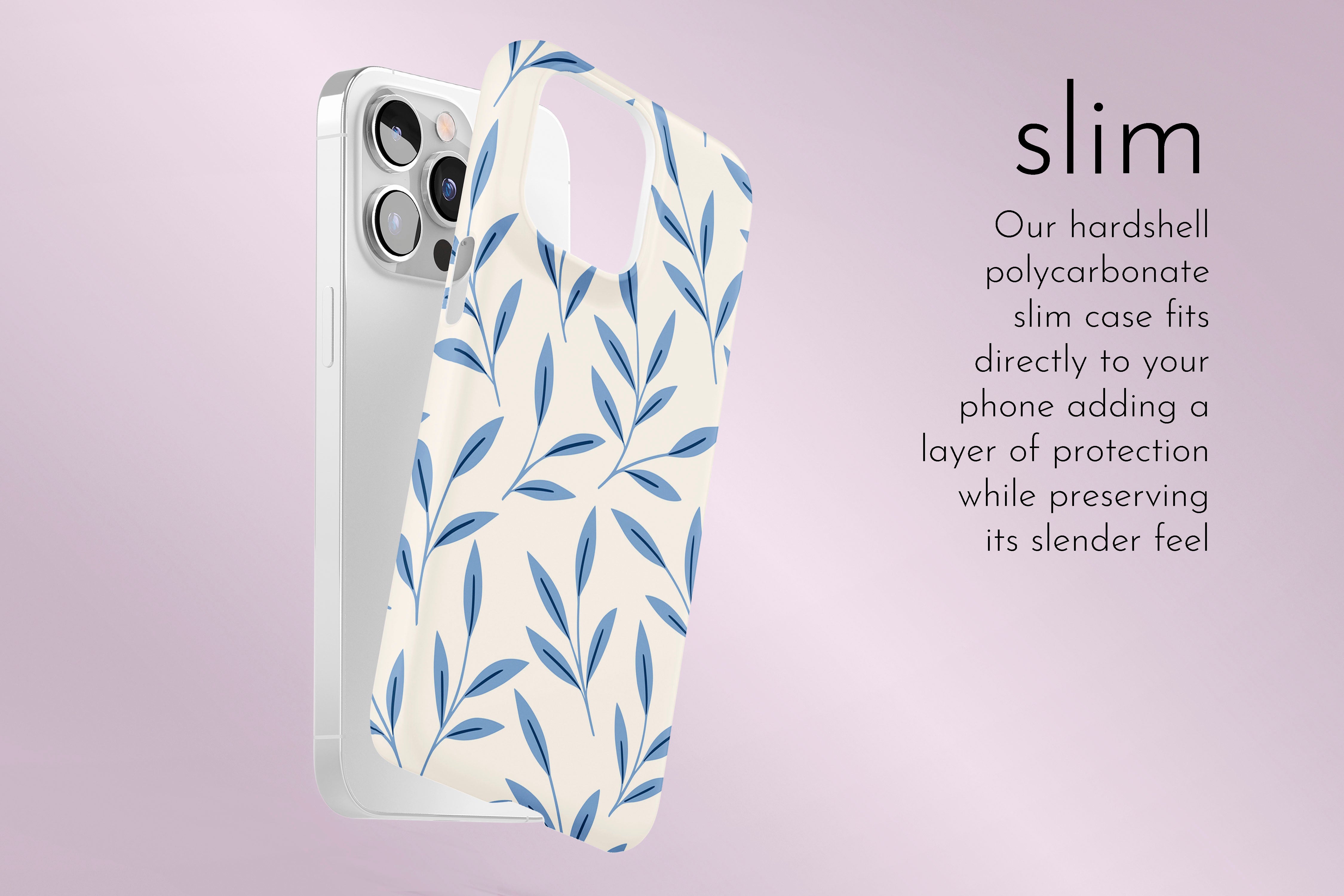 A graphic illustration of our Cool Leaf design describing the main features of our slim type phone case