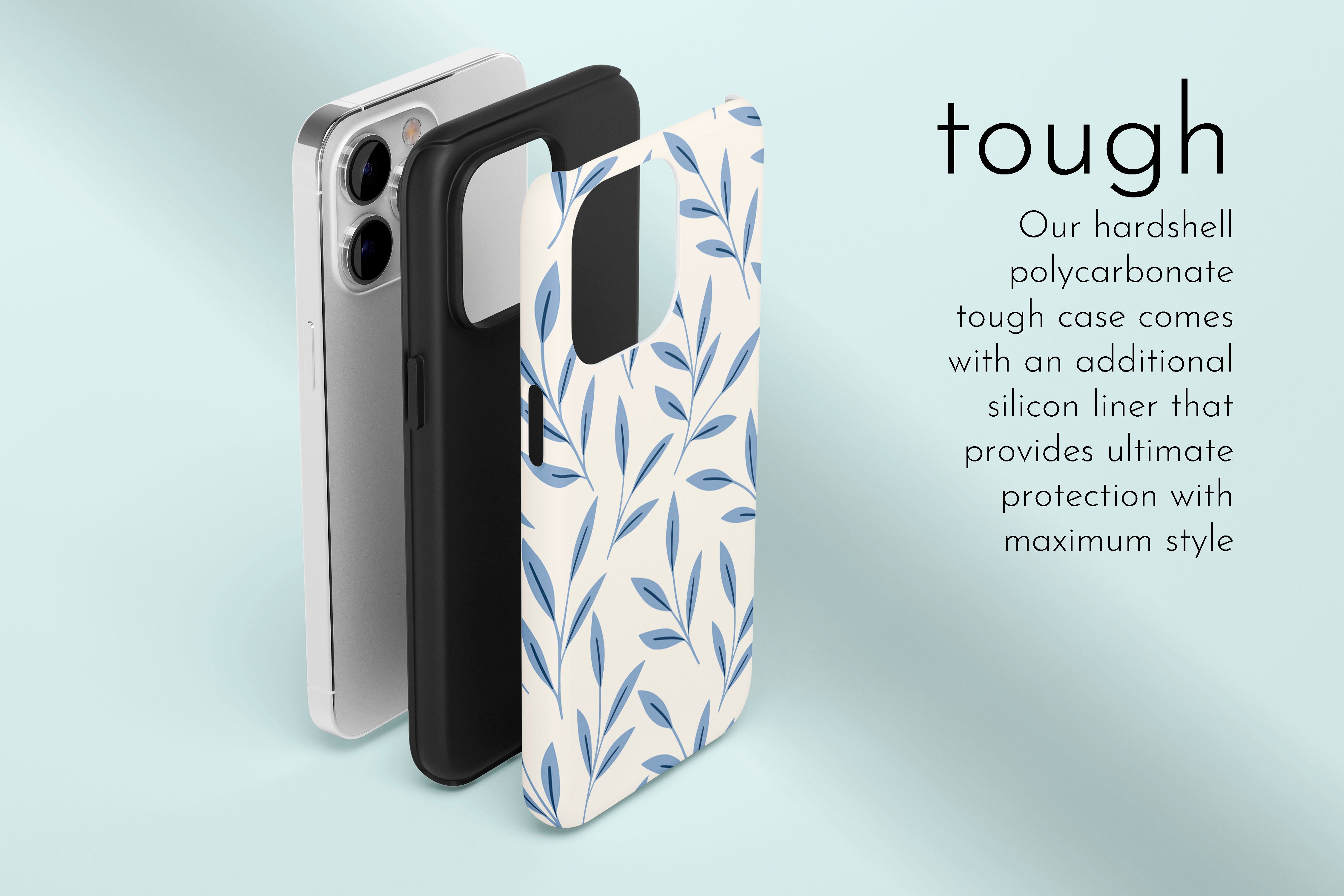 A graphic illustration of our Cool Leaf design describing the main features of our tough type phone case