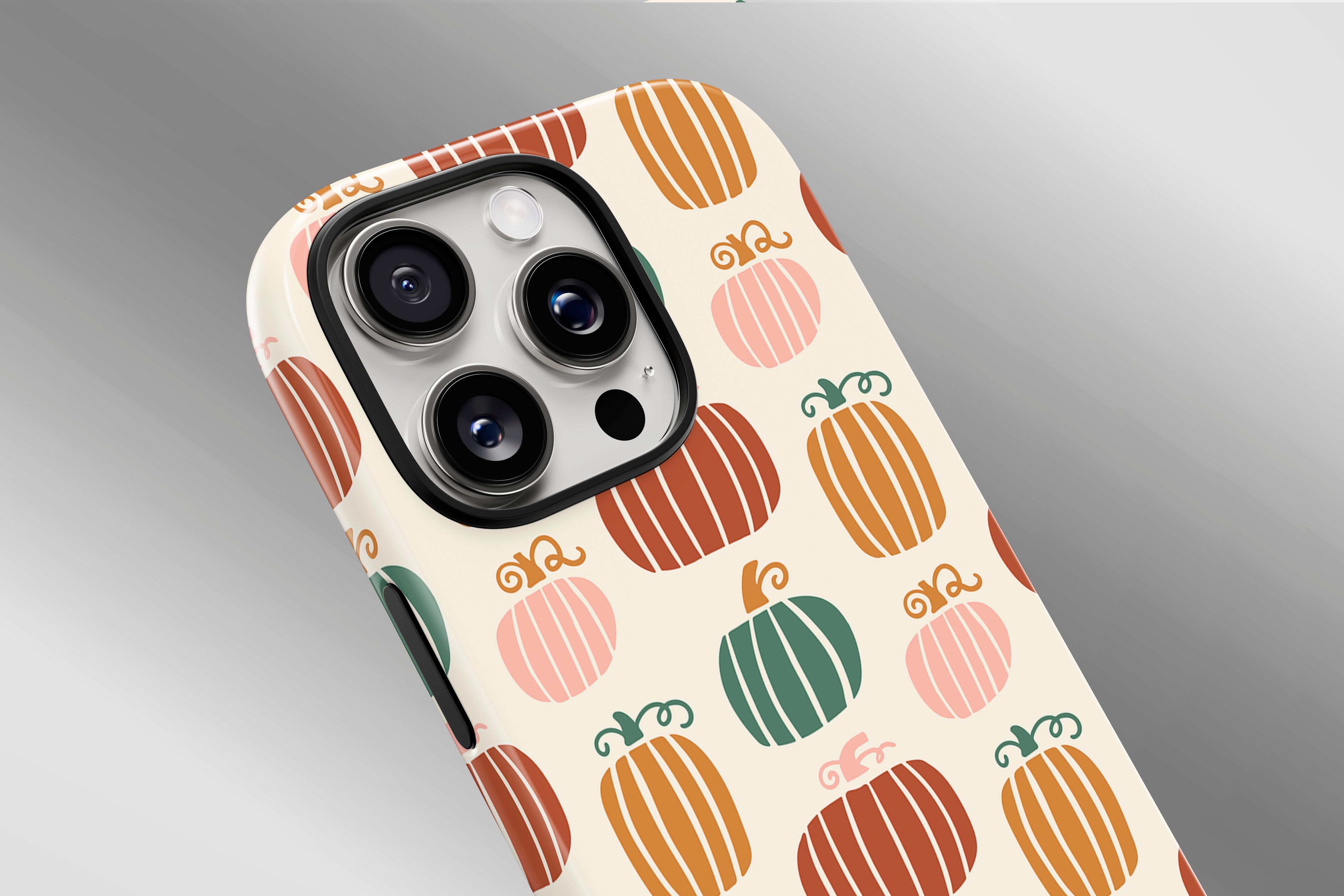 A close up image of a phone case featuring our Cool Pumpkin design