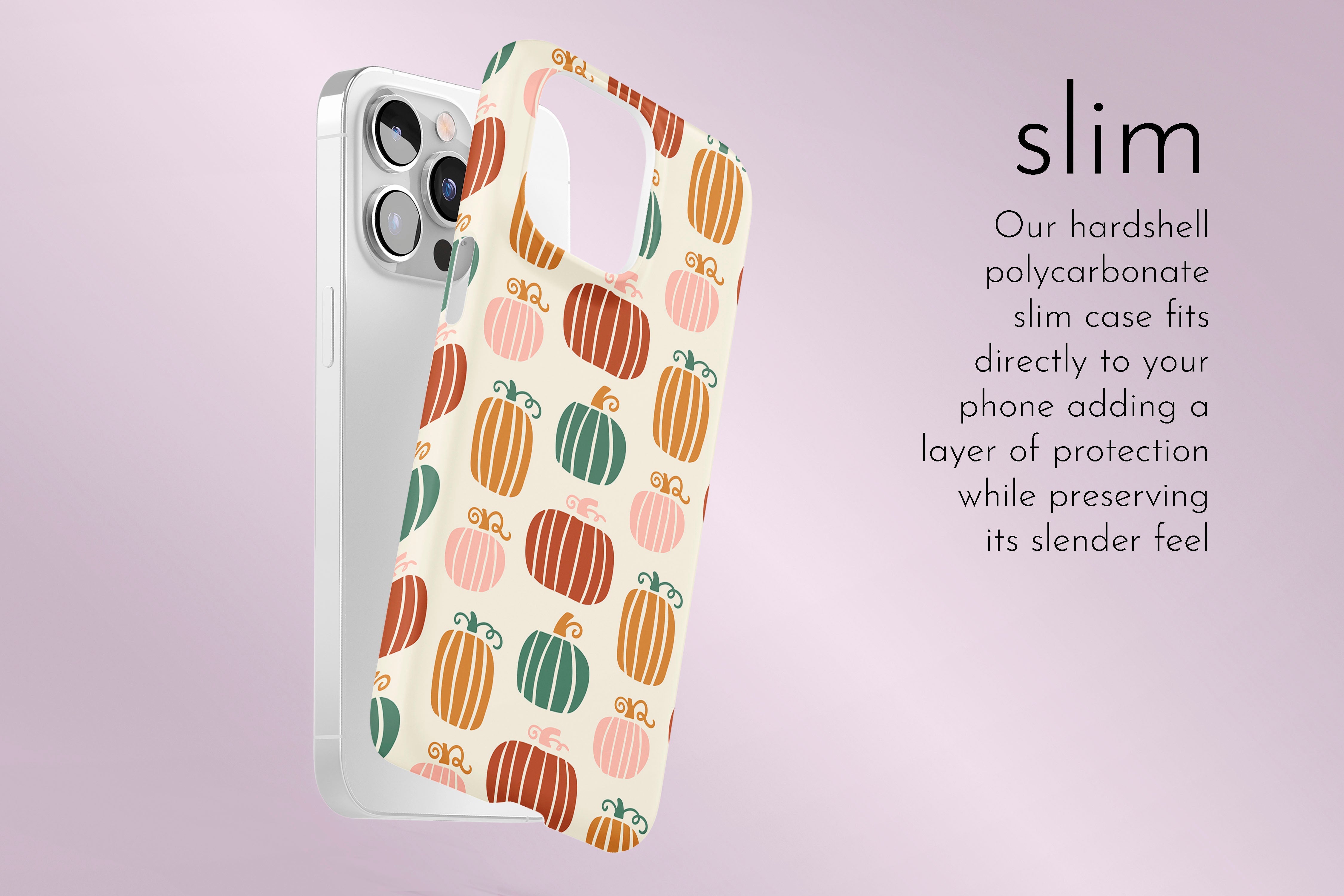 A graphic illustration of our Cool Pumpkin design describing the main features of our slim type phone case