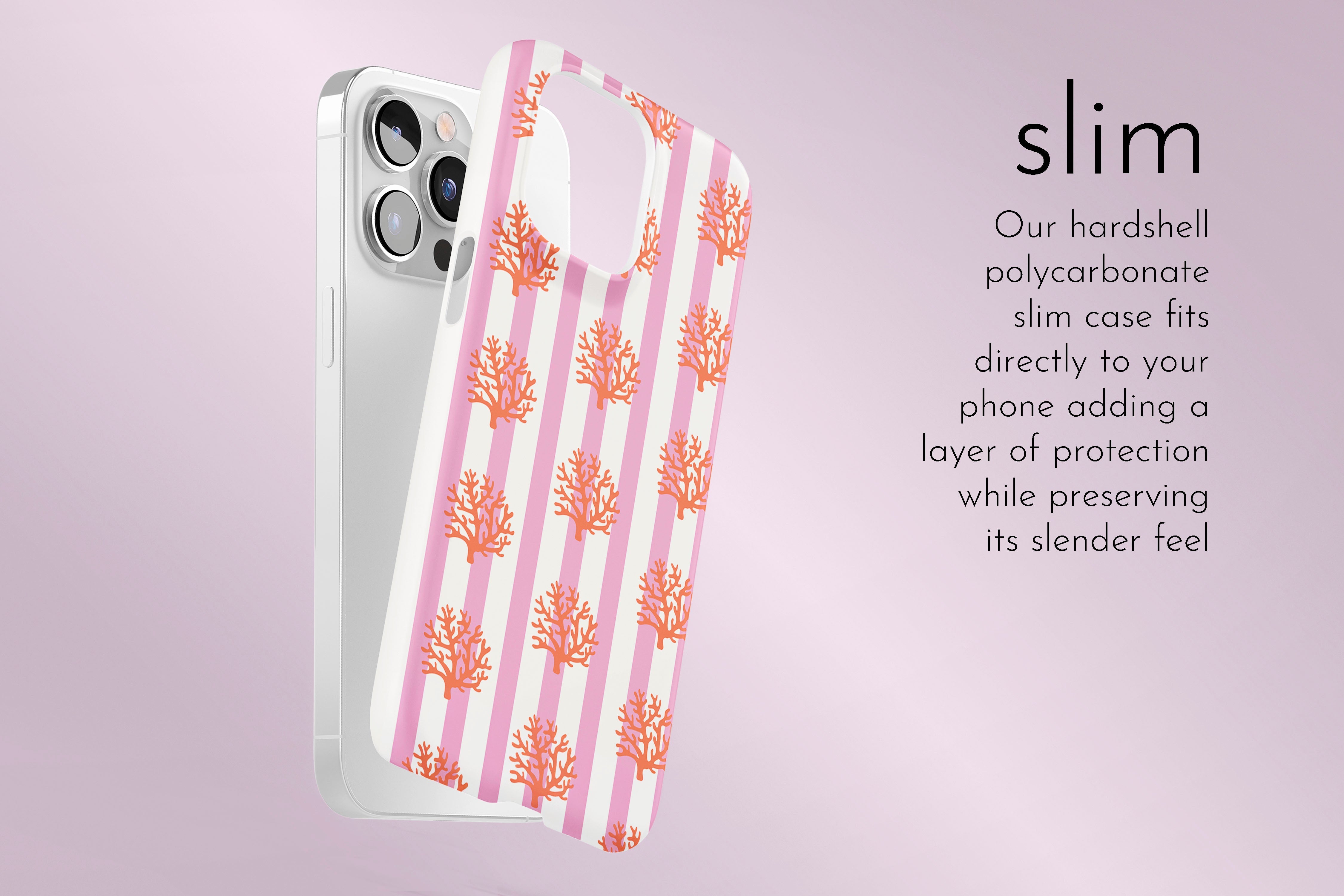 A graphic illustration of our Coral design describing the main features of our slim type phone case