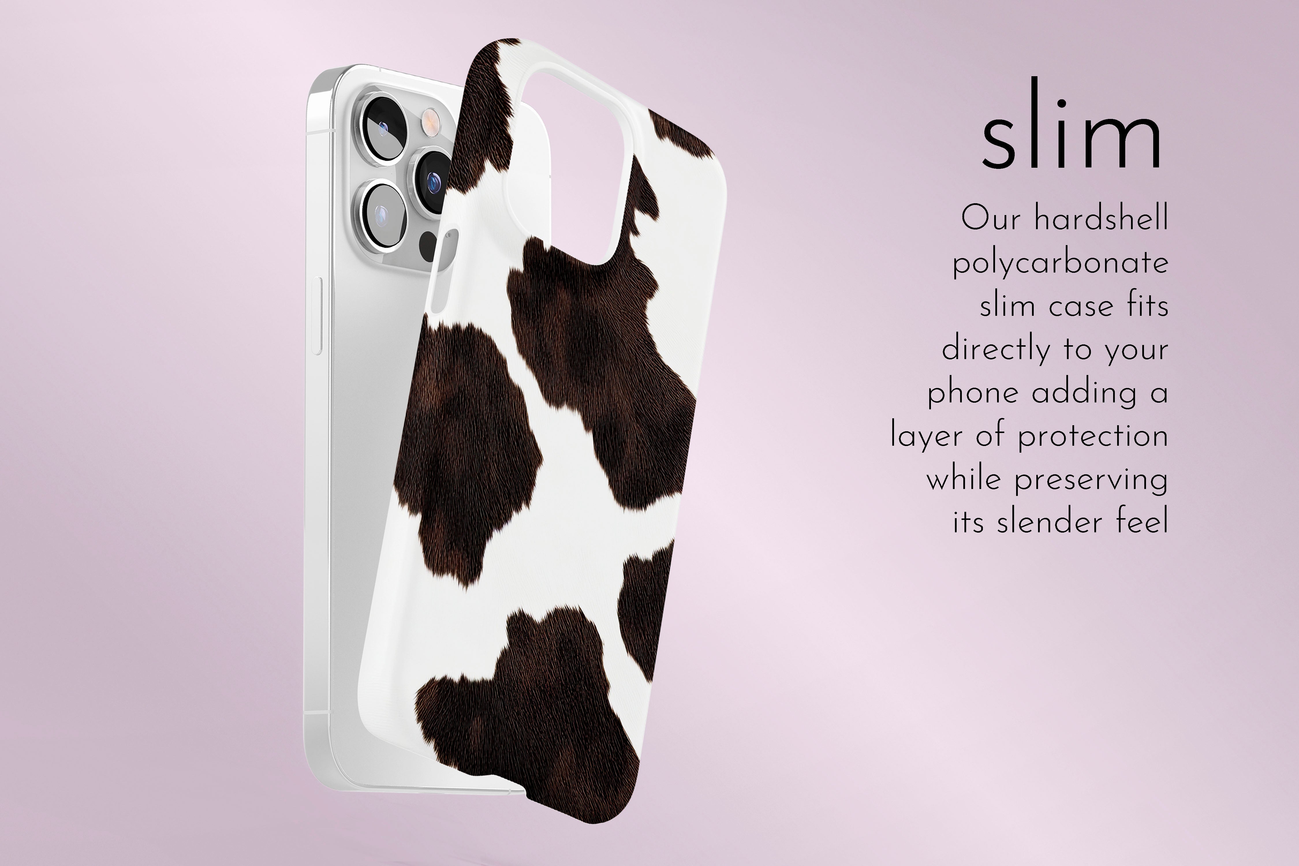 A graphic illustration of our Cow Hide design describing the main features of our slim type phone case