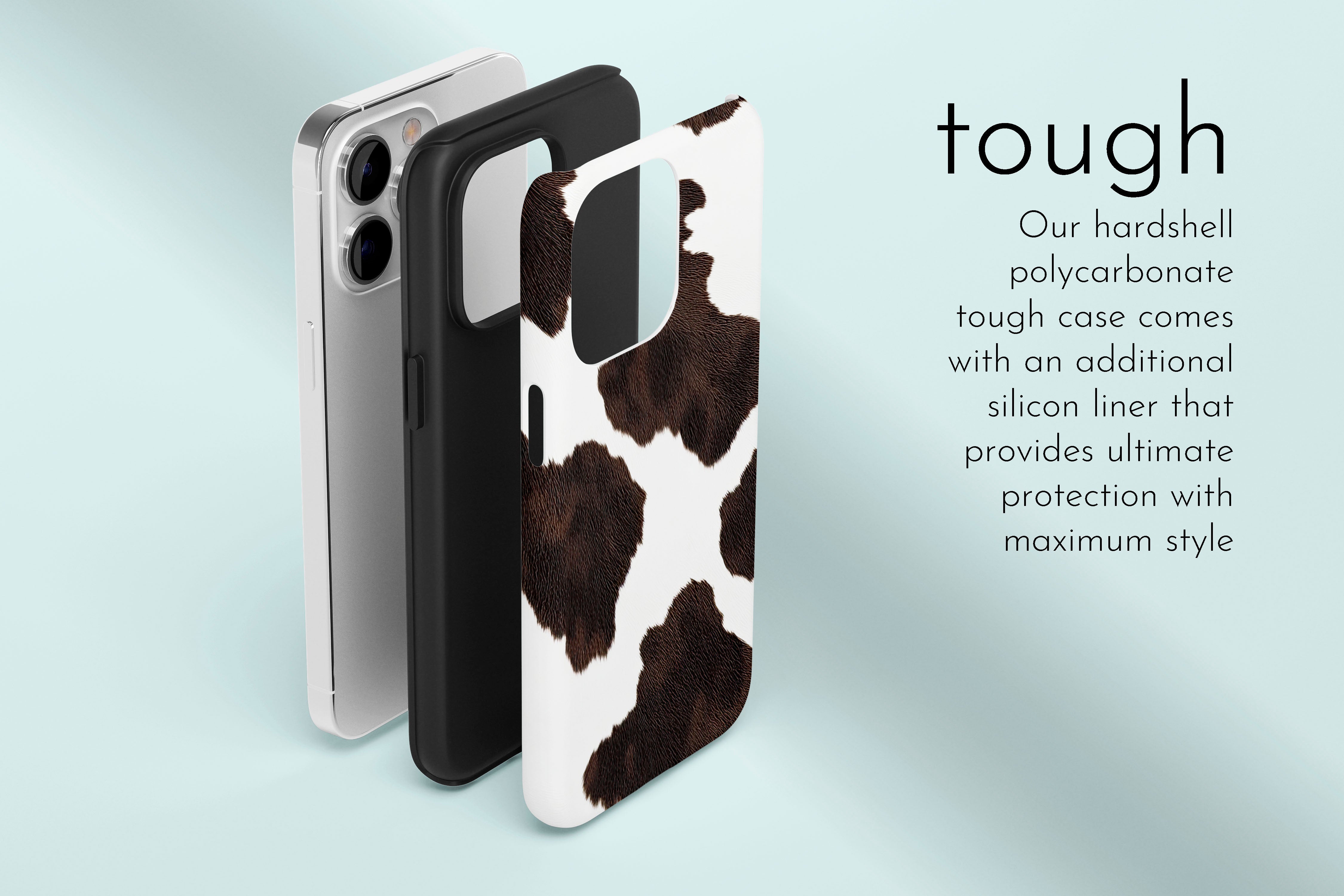 A graphic illustration of our Cow Hide design describing the main features of our tough type phone case