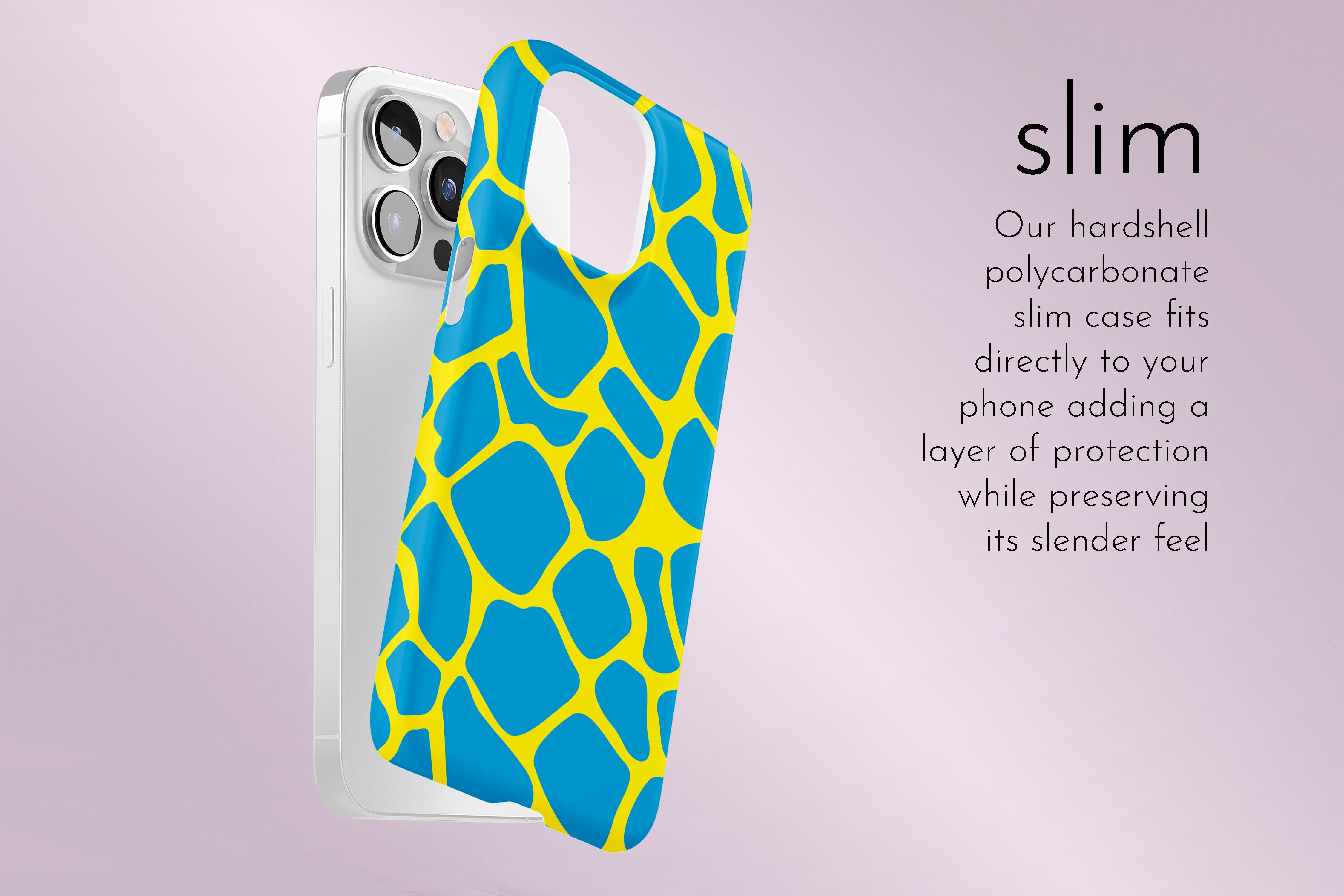 A graphic illustration of our Cow Lick design describing the main features of our slim type phone case