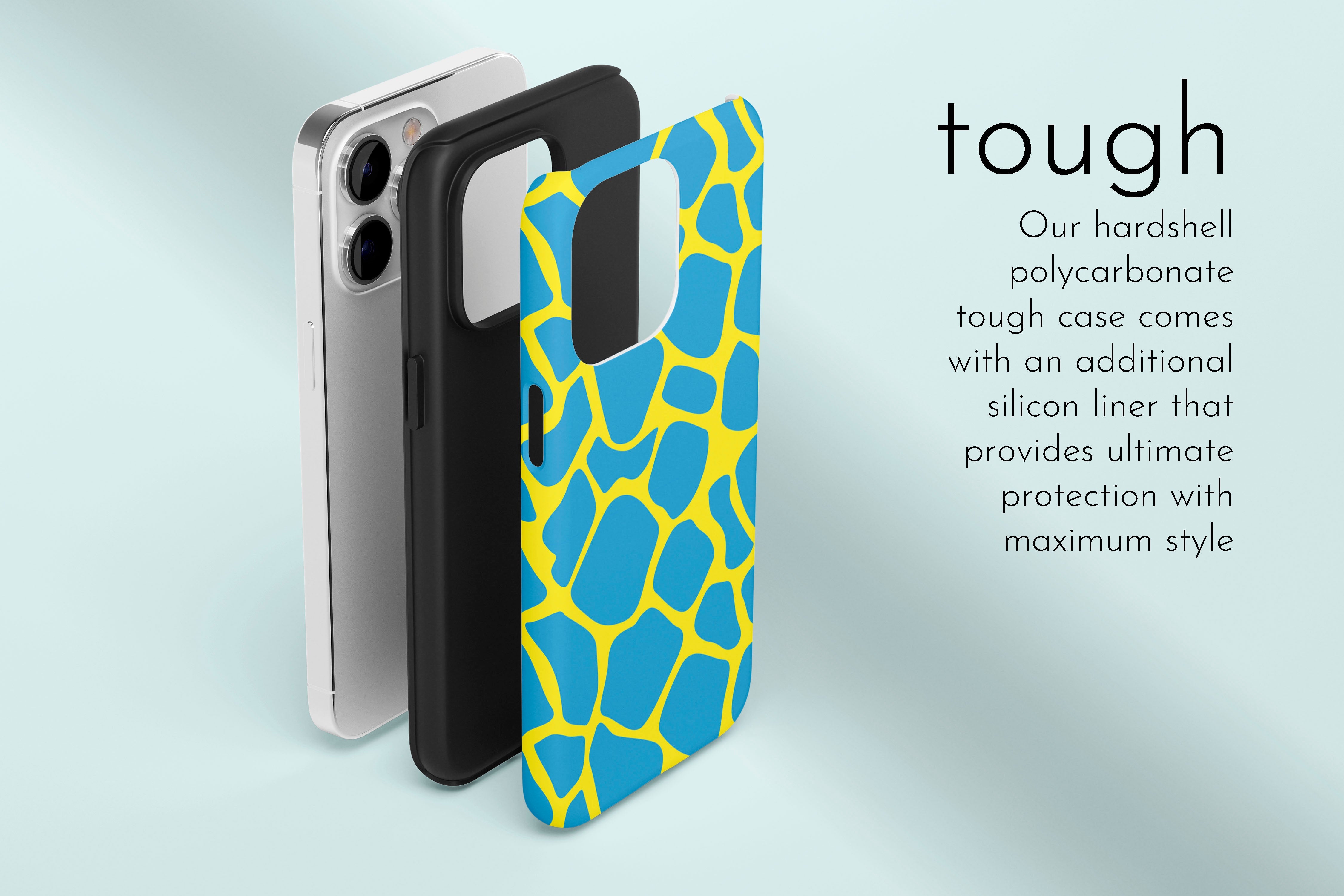 A graphic illustration of our Cow Lick design describing the main features of our tough type phone case